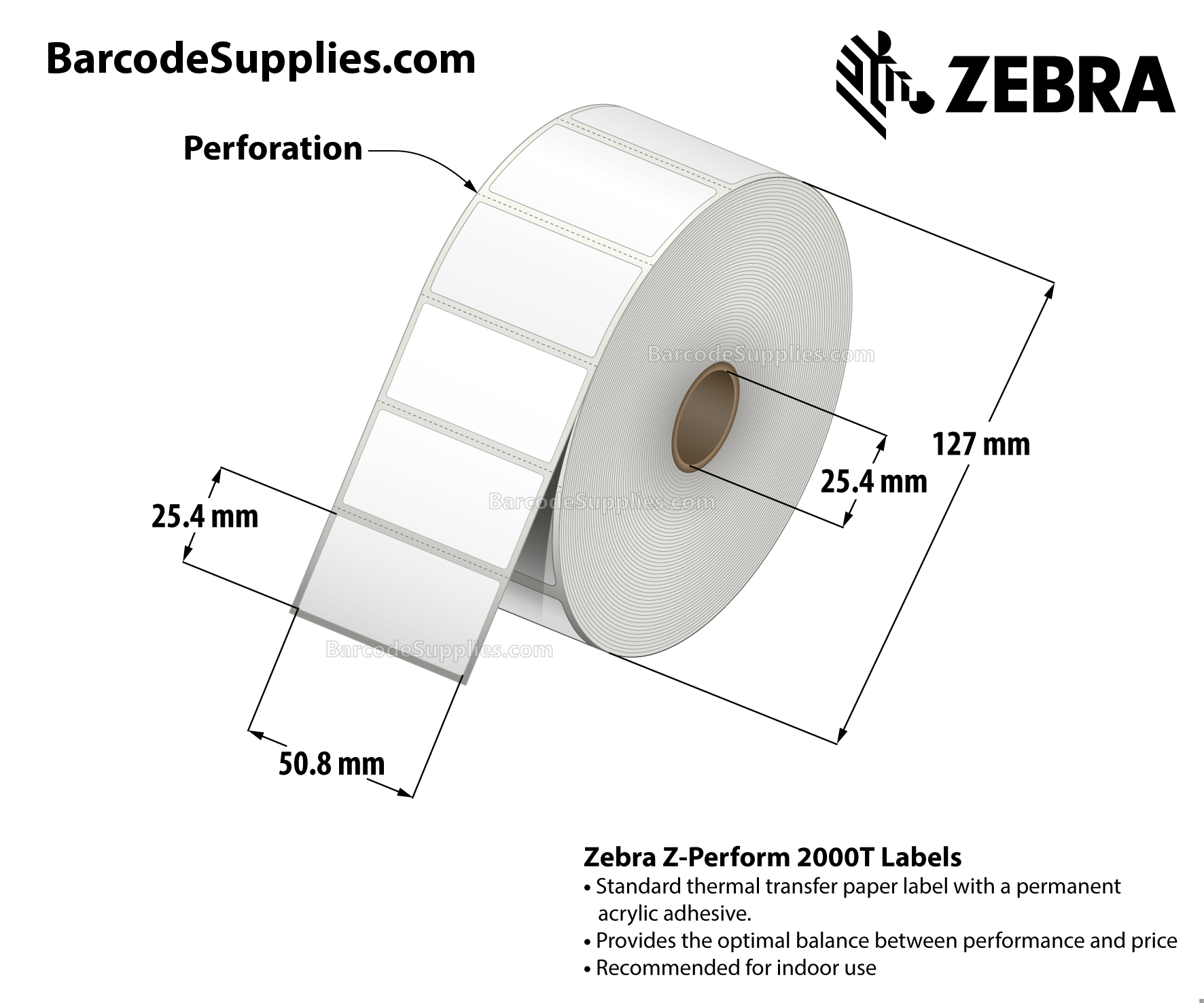2 x 1 Thermal Transfer White Z-Perform 2000T Labels With Permanent Adhesive - Perforated - 2490 Labels Per Roll - Carton Of 6 Rolls - 14940 Labels Total - MPN: 10005850