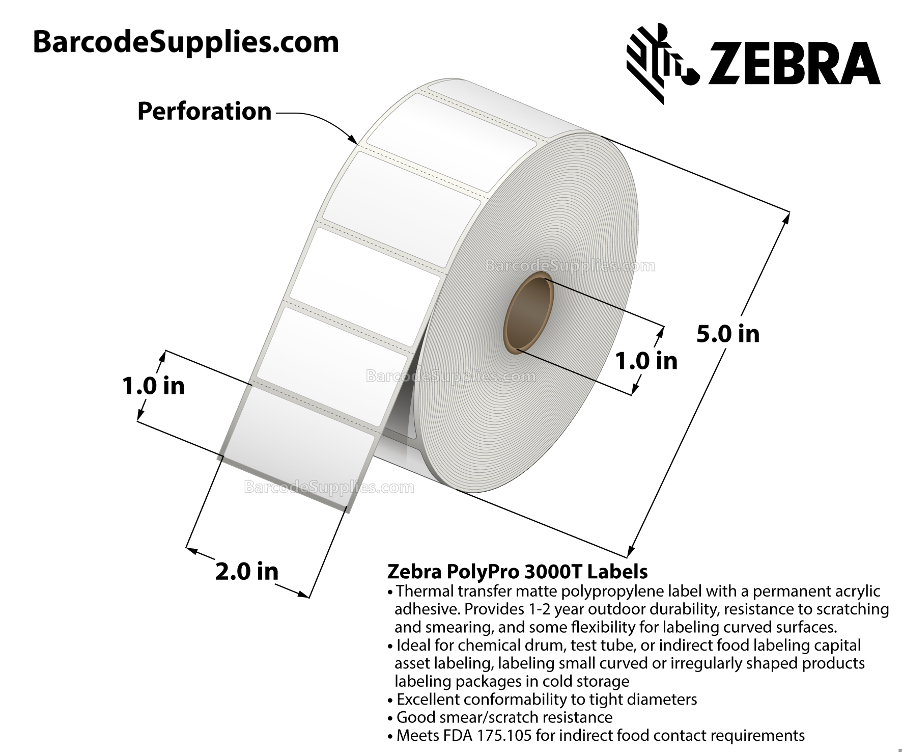 2 x 1 Thermal Transfer White PolyPro 3000T Labels With Permanent Adhesive - Perforated - 2100 Labels Per Roll - Carton Of 8 Rolls - 16800 Labels Total - MPN: 17154