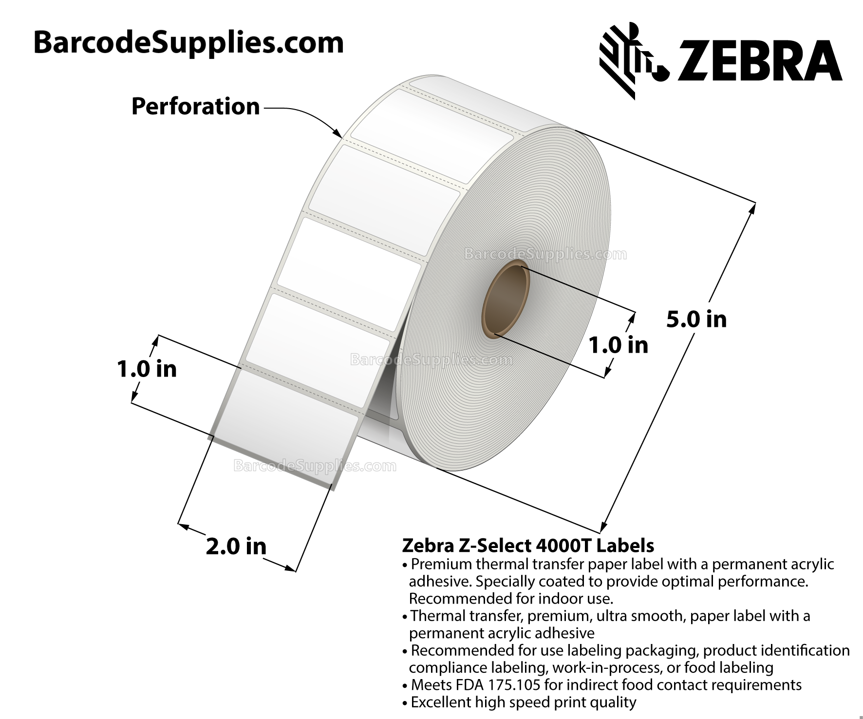 2 x 1 Thermal Transfer White Z-Select 4000T Labels With Permanent Adhesive - Perforated - 2260 Labels Per Roll - Carton Of 8 Rolls - 18080 Labels Total - MPN: 83259