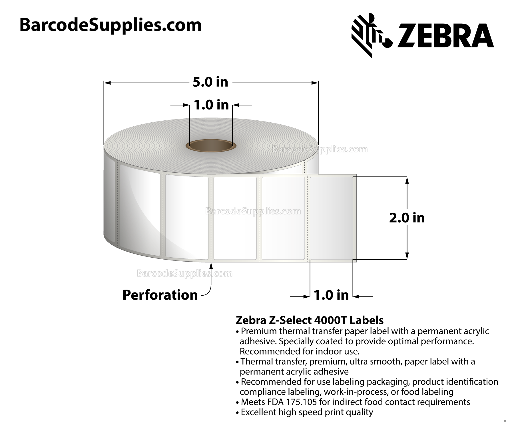 2 x 1 Thermal Transfer White Z-Select 4000T Labels With Permanent Adhesive - Perforated - 2260 Labels Per Roll - Carton Of 8 Rolls - 18080 Labels Total - MPN: 83259