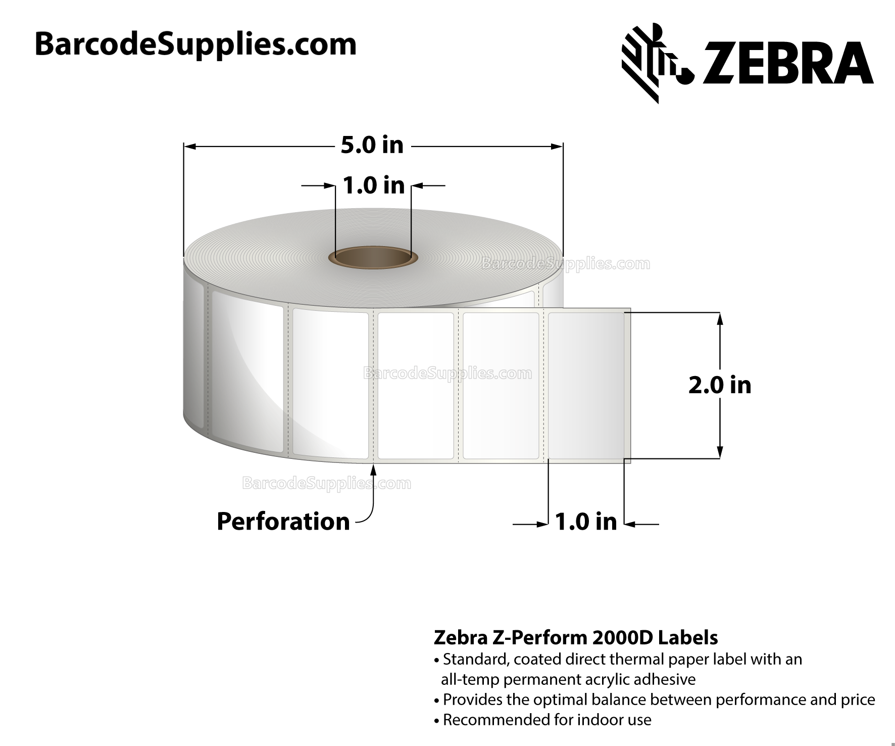 2 x 1 Direct Thermal White Z-Perform 2000D Labels With All-Temp Adhesive - Perforated - 2340 Labels Per Roll - Carton Of 6 Rolls - 14040 Labels Total - MPN: 10010028