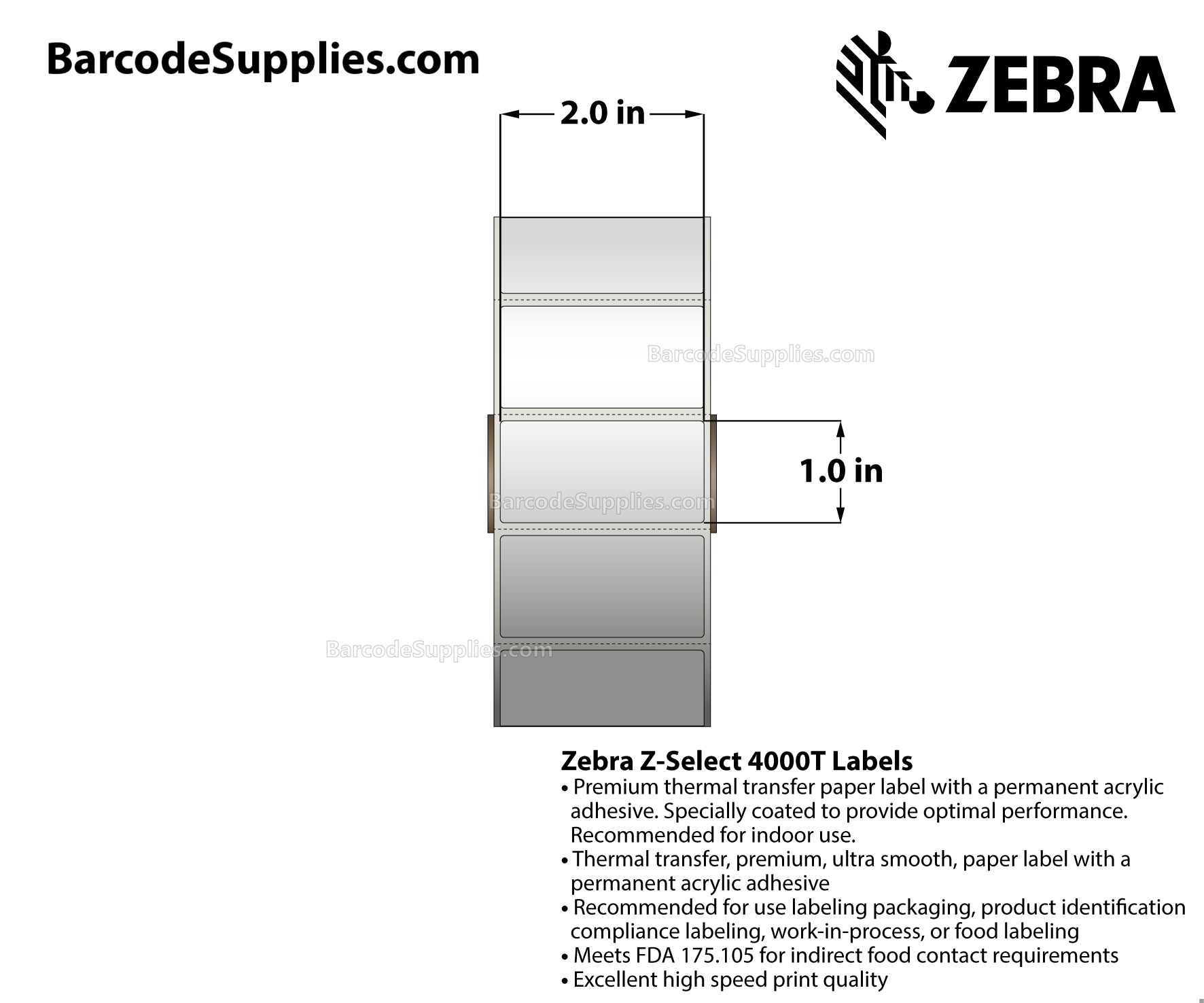 2 x 1 Thermal Transfer White Z-Select 4000T Labels With Permanent Adhesive - Perforated - 2260 Labels Per Roll - Carton Of 8 Rolls - 18080 Labels Total - MPN: 83259