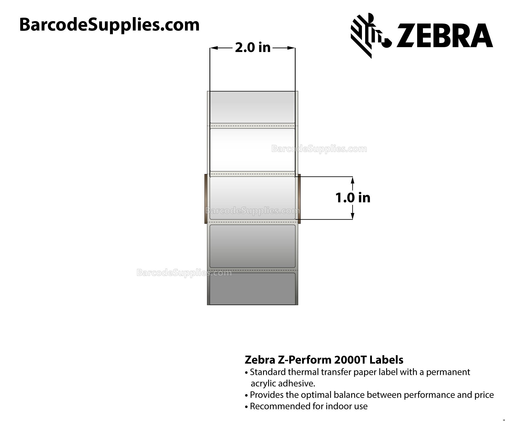 2 x 1 Thermal Transfer White Z-Perform 2000T Labels With Permanent Adhesive - Perforated - 2490 Labels Per Roll - Carton Of 6 Rolls - 14940 Labels Total - MPN: 10005850