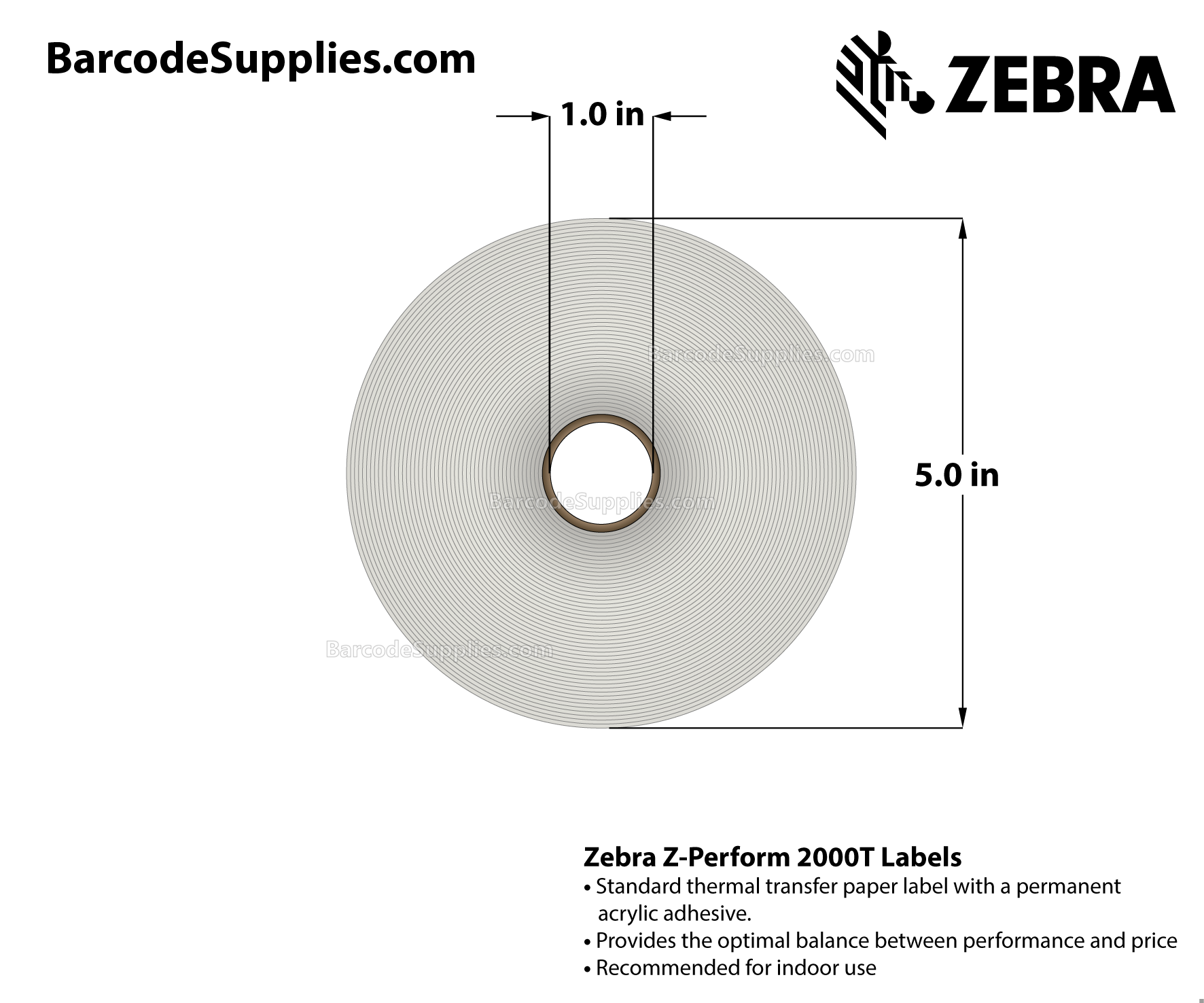 2 x 1 Thermal Transfer White Z-Perform 2000T Labels With Permanent Adhesive - Perforated - 2490 Labels Per Roll - Carton Of 6 Rolls - 14940 Labels Total - MPN: 10005850