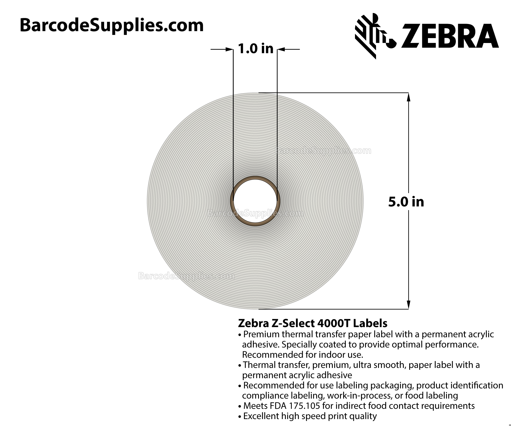 2 x 1 Thermal Transfer White Z-Select 4000T Labels With Permanent Adhesive - Perforated - 2260 Labels Per Roll - Carton Of 8 Rolls - 18080 Labels Total - MPN: 83259