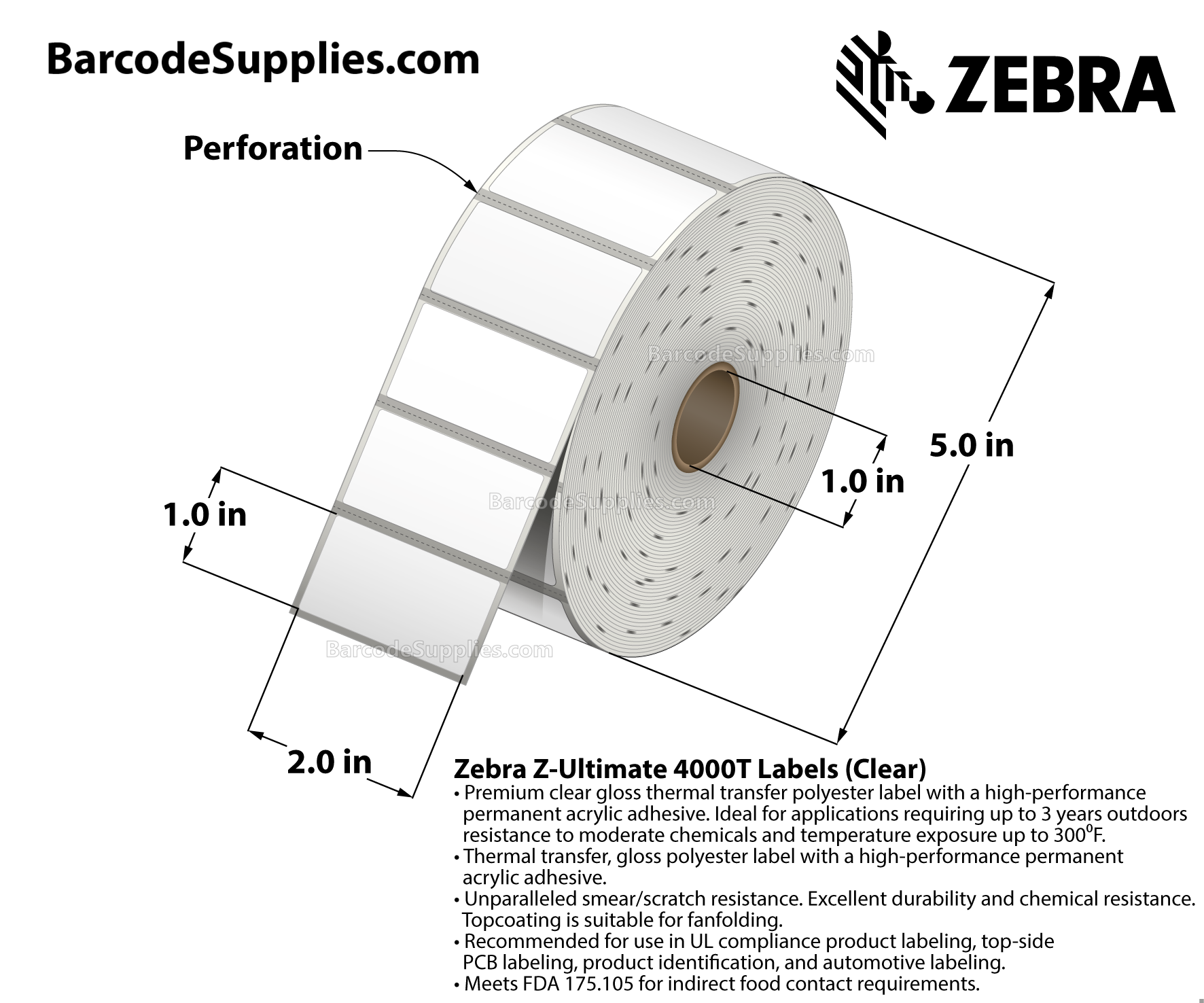 2 x 1 Thermal Transfer Clear Z-Ultimate 4000T Clear Labels With Permanent Adhesive - Black mark sensing - Black Mark - 1500 Labels Per Roll - Carton Of 1 Rolls - 1500 Labels Total - MPN: 10023044