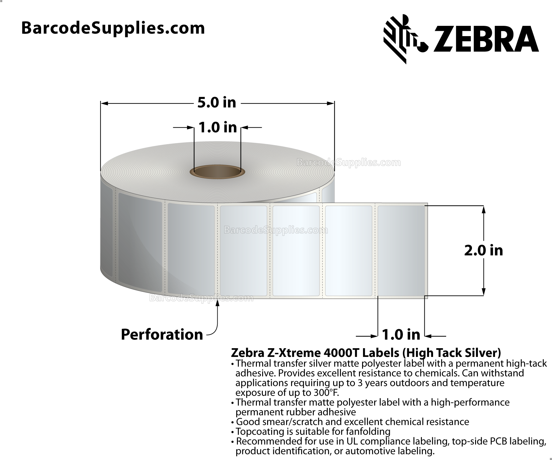2 x 1 Thermal Transfer Silver Z-Xtreme 4000T High-Tack Silver Labels With High-tack Adhesive - Perforated - 1500 Labels Per Roll - Carton Of 1 Rolls - 1500 Labels Total - MPN: 10023174