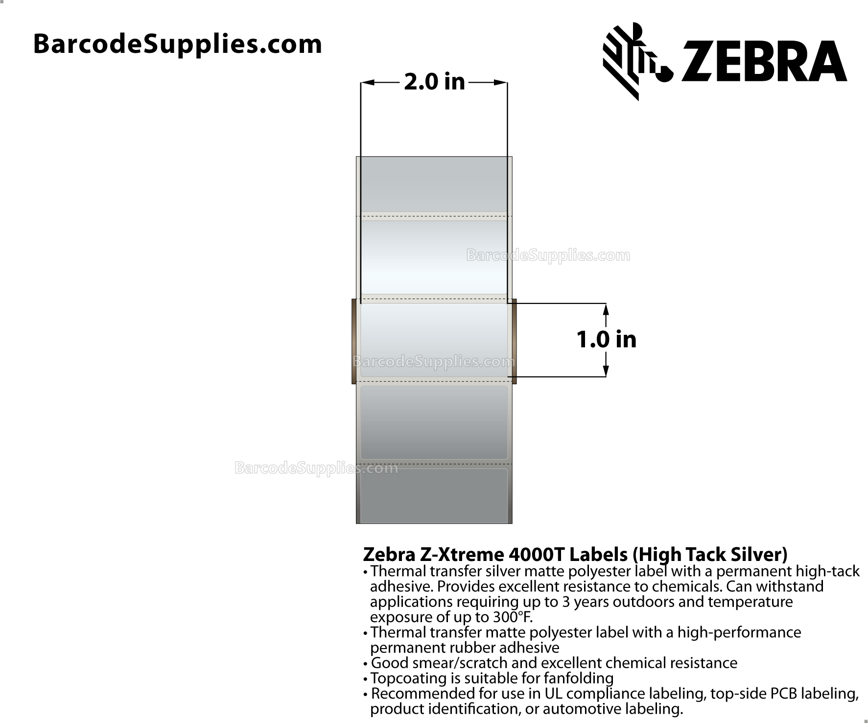 2 x 1 Thermal Transfer Silver Z-Xtreme 4000T High-Tack Silver Labels With High-tack Adhesive - Perforated - 1500 Labels Per Roll - Carton Of 1 Rolls - 1500 Labels Total - MPN: 10023174