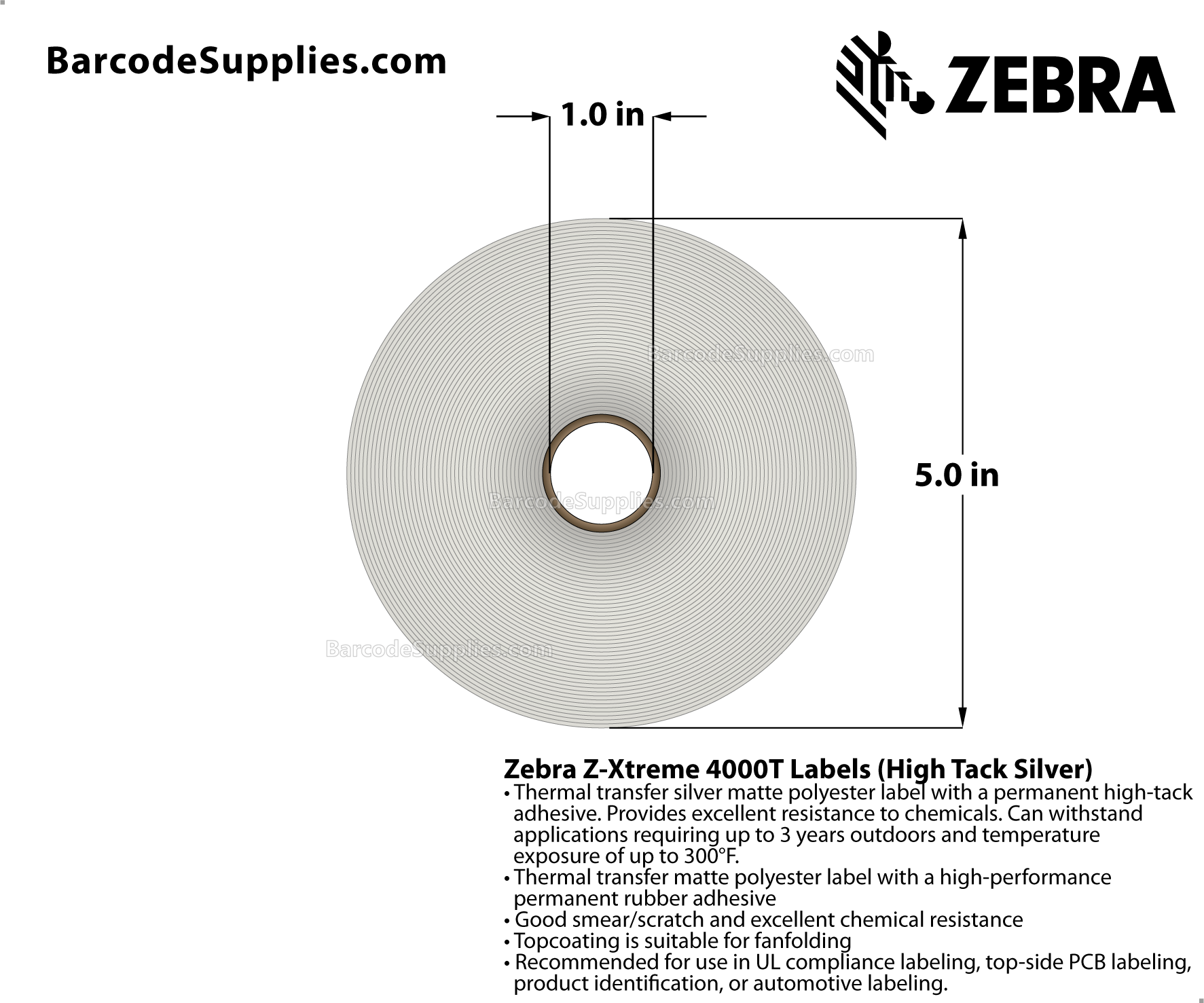 2 x 1 Thermal Transfer Silver Z-Xtreme 4000T High-Tack Silver Labels With High-tack Adhesive - Perforated - 1500 Labels Per Roll - Carton Of 1 Rolls - 1500 Labels Total - MPN: 10023174