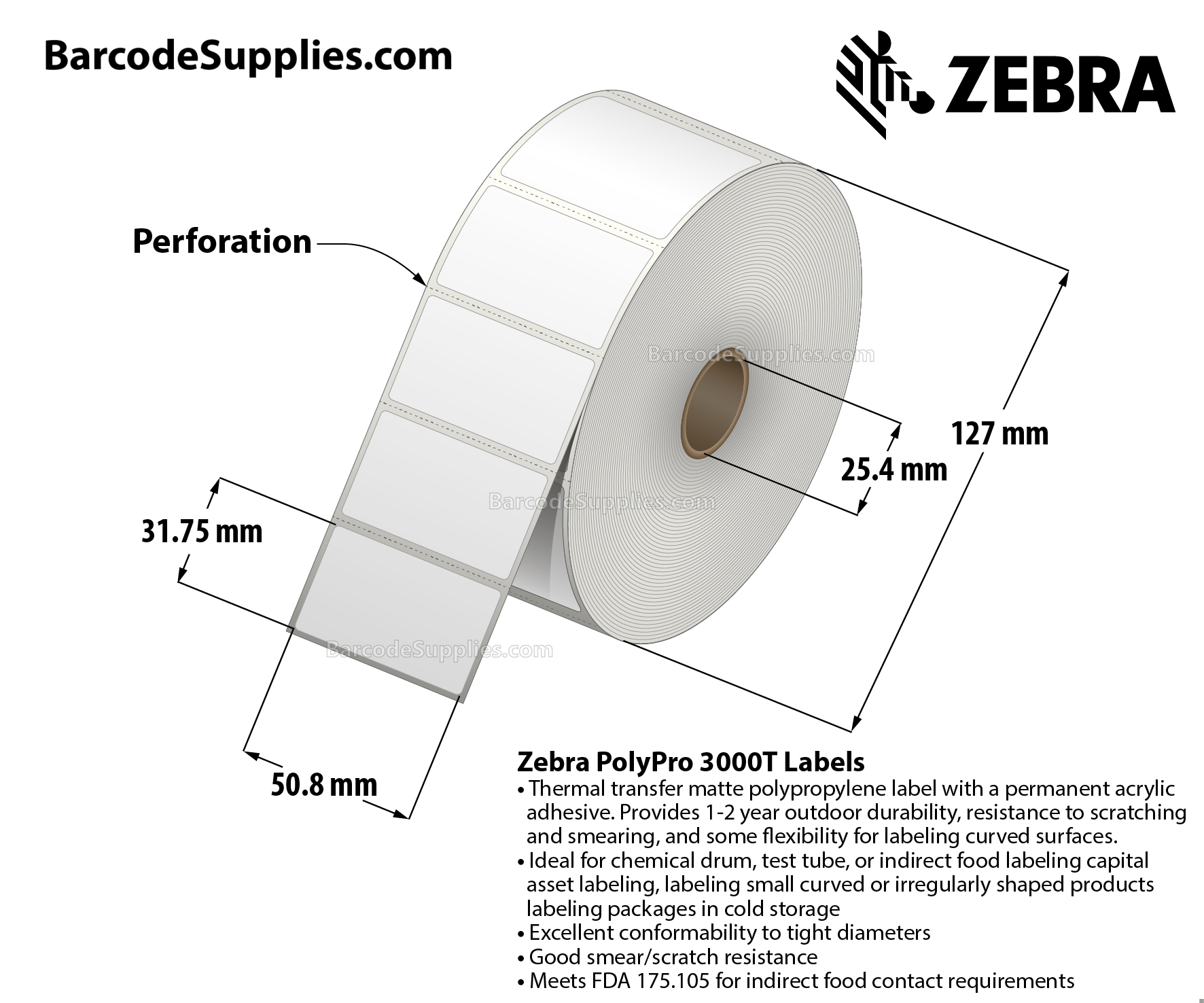 2 x 1.25 Thermal Transfer White PolyPro 3000T Labels With Permanent Adhesive - Perforated - 1720 Labels Per Roll - Carton Of 8 Rolls - 13760 Labels Total - MPN: 18925