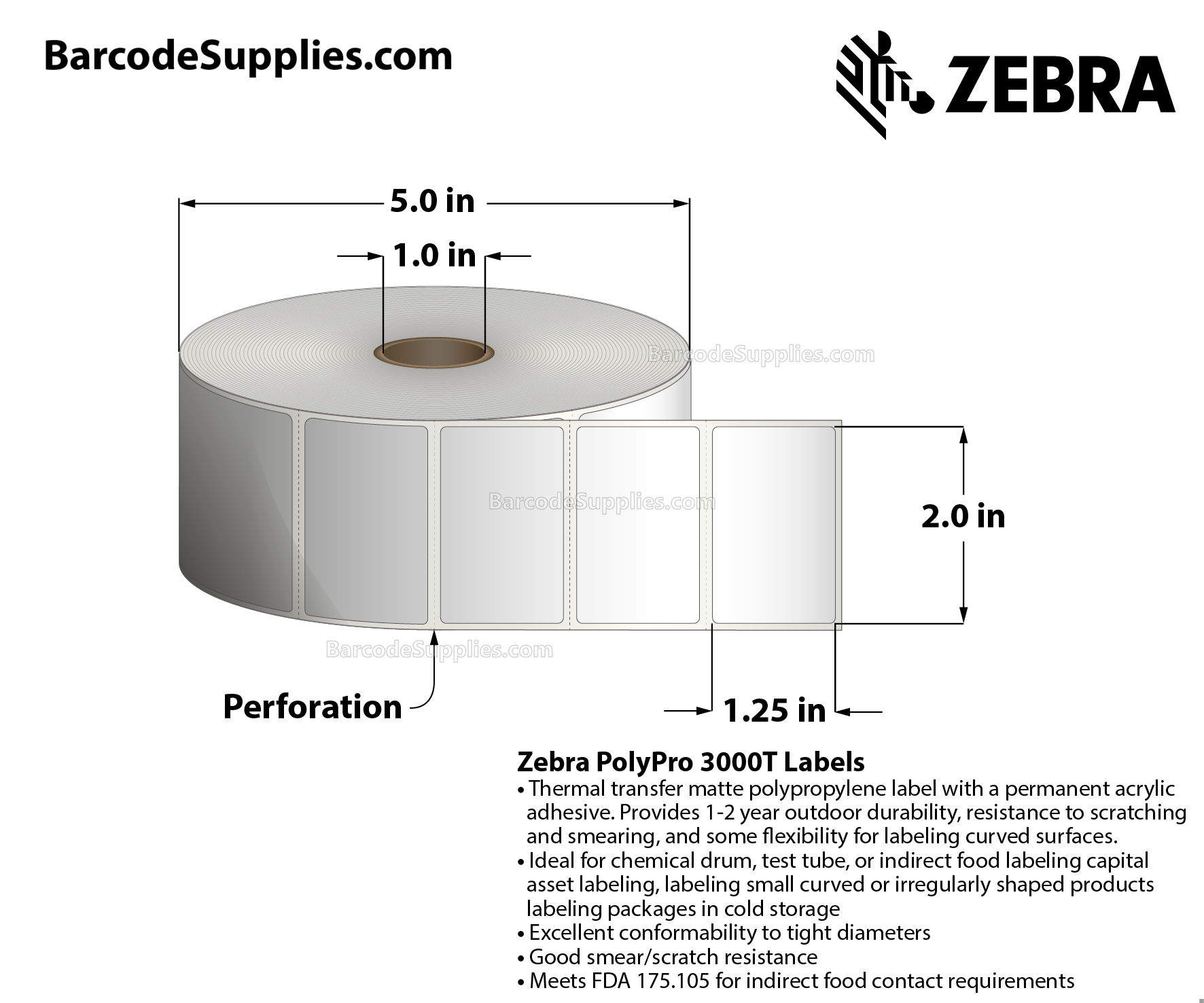 2 x 1.25 Thermal Transfer White PolyPro 3000T Labels With Permanent Adhesive - Perforated - 1720 Labels Per Roll - Carton Of 8 Rolls - 13760 Labels Total - MPN: 18925