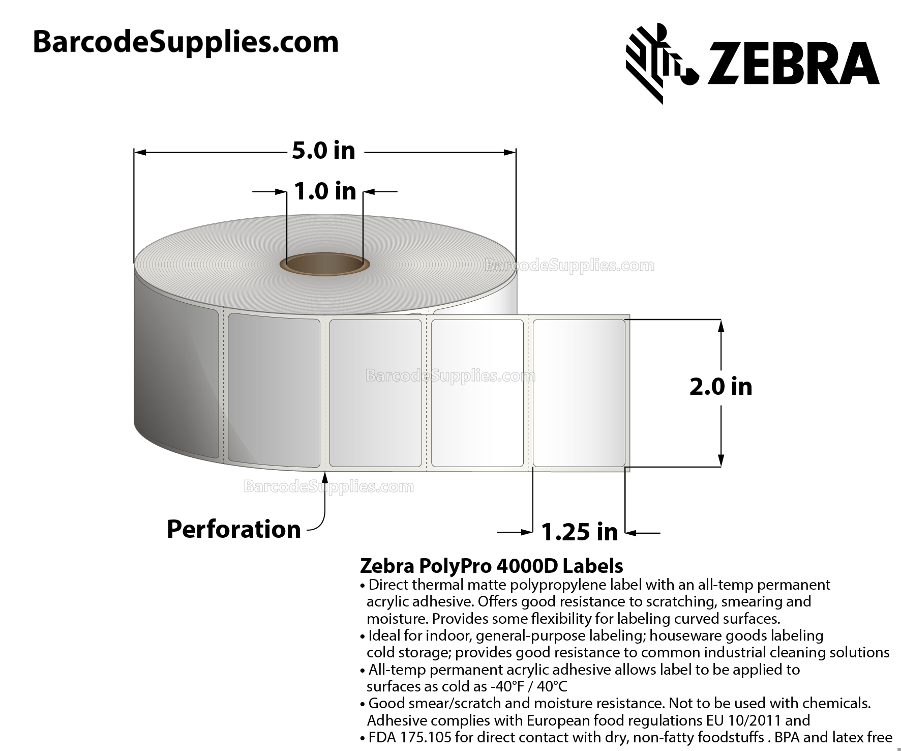 2 x 1.25 Direct Thermal White PolyPro 4000D (with protective overvarnish) Labels With All-Temp Adhesive - Perforated - 2189 Labels Per Roll - Carton Of 8 Rolls - 17512 Labels Total - MPN: 10028821