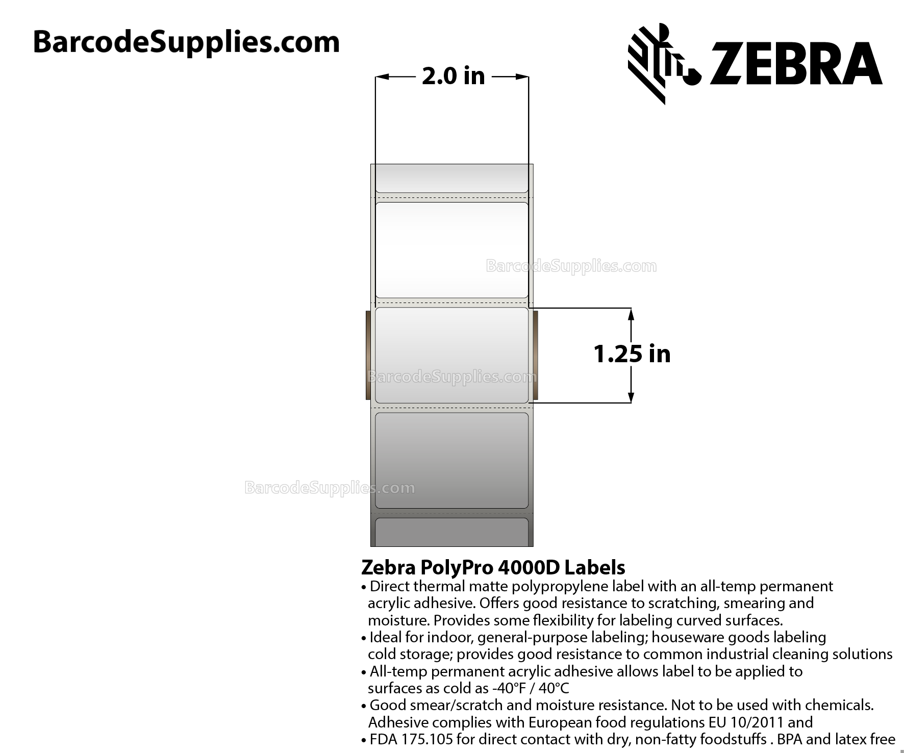 2 x 1.25 Direct Thermal White PolyPro 4000D (with protective overvarnish) Labels With All-Temp Adhesive - Perforated - 2189 Labels Per Roll - Carton Of 8 Rolls - 17512 Labels Total - MPN: 10028821