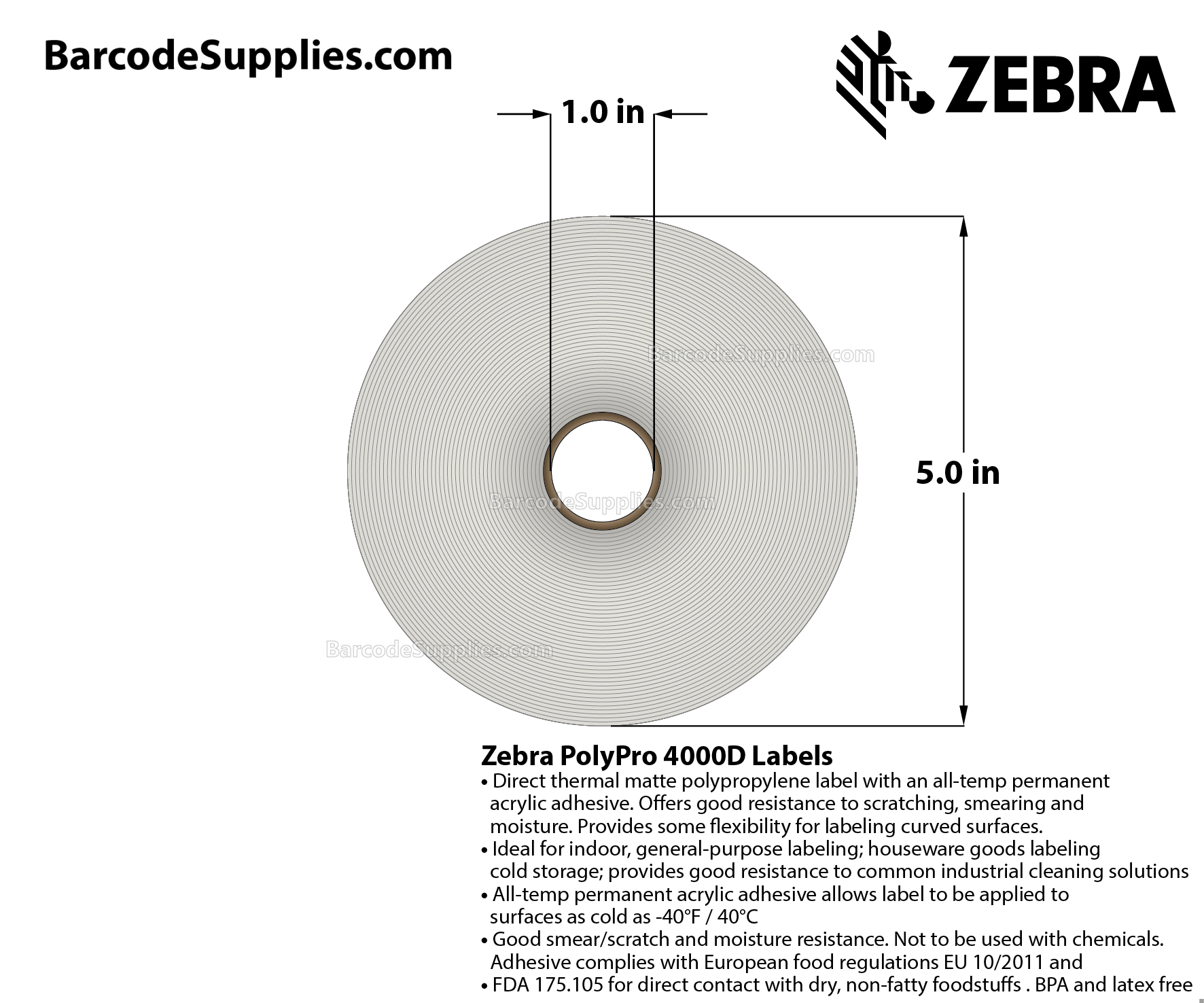 2 x 1.25 Direct Thermal White PolyPro 4000D (with protective overvarnish) Labels With All-Temp Adhesive - Perforated - 2189 Labels Per Roll - Carton Of 8 Rolls - 17512 Labels Total - MPN: 10028821