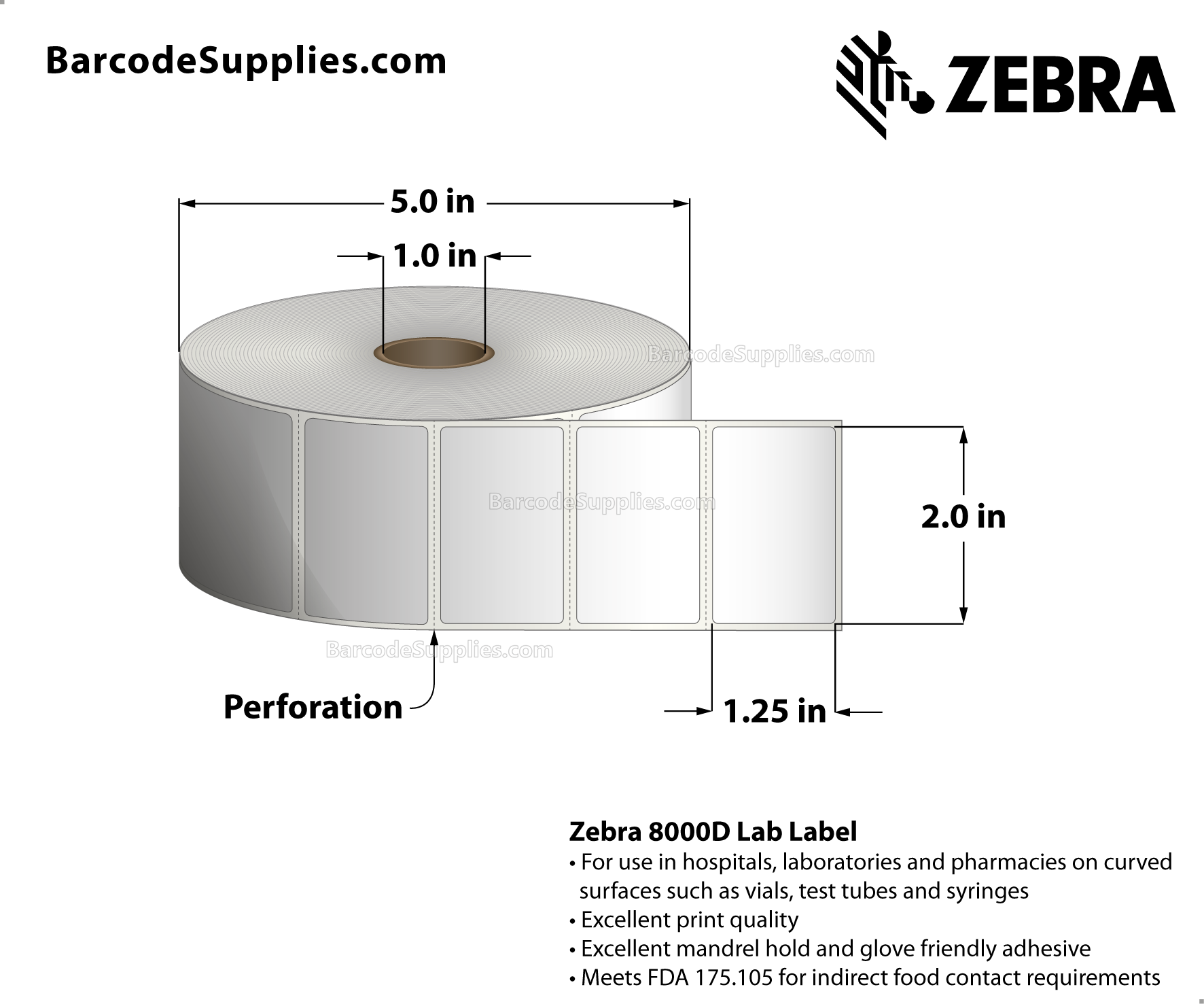 2 x 1.25 Direct Thermal White 8000D Lab Labels With Permanent Adhesive - Perforated - 1000 Labels Per Roll - Carton Of 6 Rolls - 6000 Labels Total - MPN: 10025358