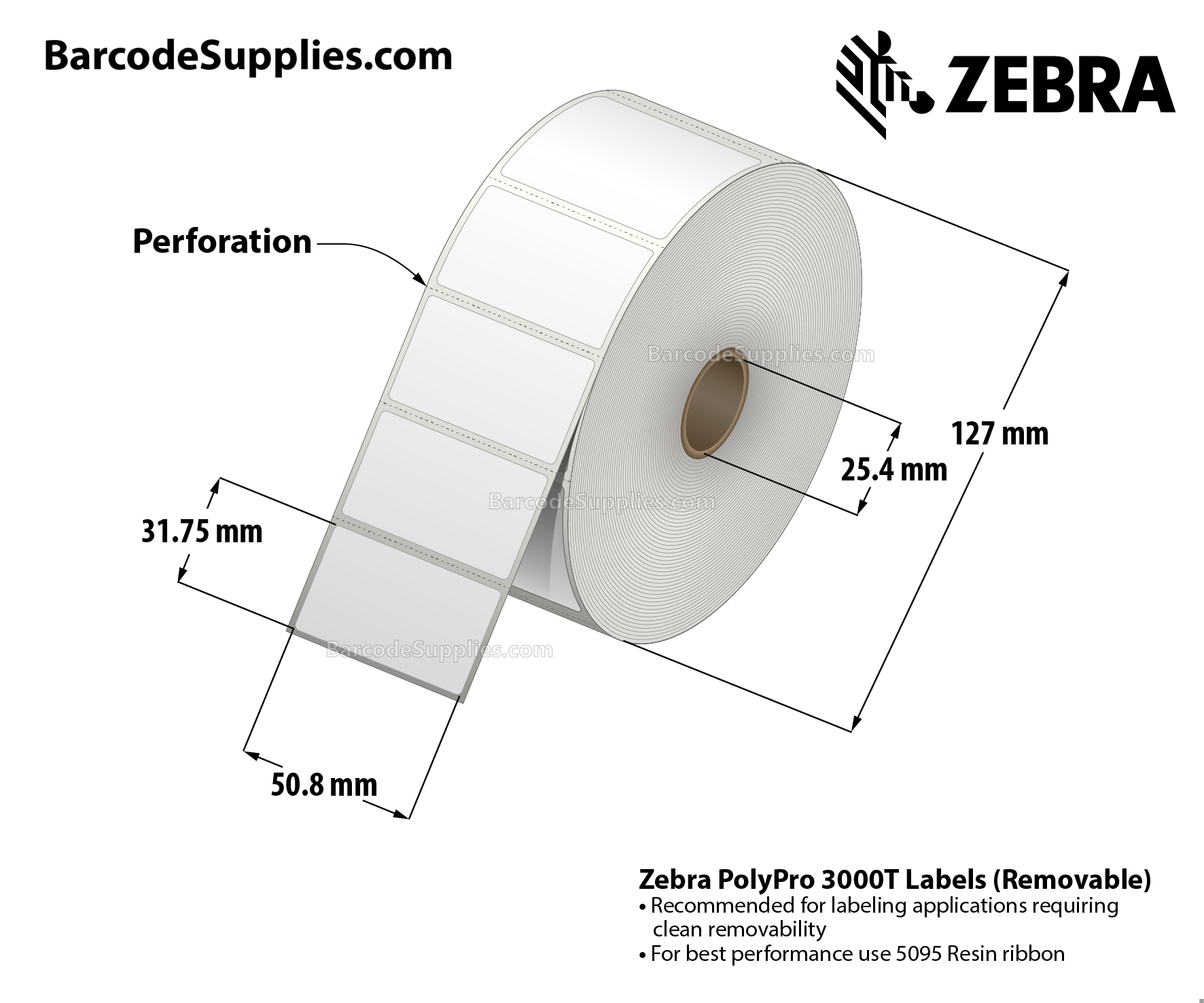 2 x 1.25 Thermal Transfer White PolyPro 3000T Gloss Removable Labels With Removable Adhesive - Perforated - 1410 Labels Per Roll - Carton Of 8 Rolls - 11280 Labels Total - MPN: 10032211