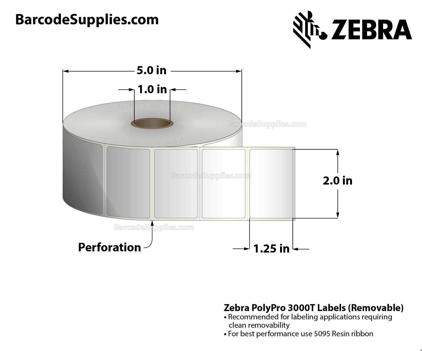 2 x 1.25 Thermal Transfer White PolyPro 3000T Gloss Removable Labels With Removable Adhesive - Perforated - 1410 Labels Per Roll - Carton Of 8 Rolls - 11280 Labels Total - MPN: 10032211