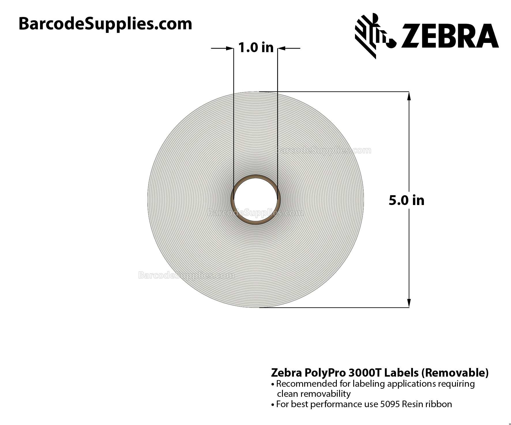 2 x 1.25 Thermal Transfer White PolyPro 3000T Gloss Removable Labels With Removable Adhesive - Perforated - 1410 Labels Per Roll - Carton Of 8 Rolls - 11280 Labels Total - MPN: 10032211