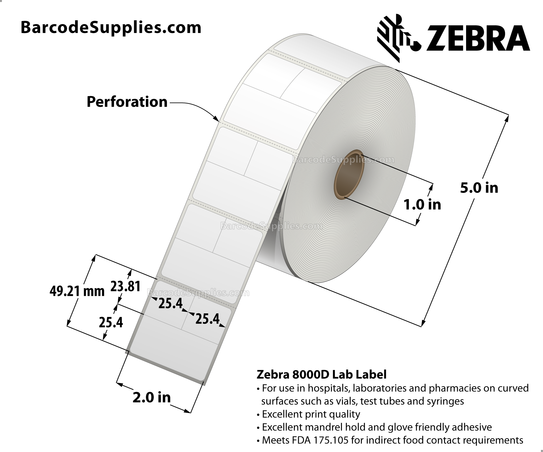 2 x 1.9375 Direct Thermal White 8000D Lab Labels With Permanent Adhesive - Slits through facestock create three labels: (2) 1x0.9375 labels and (2) 2x1 labels - Perforated - 1000 Labels Per Roll - Carton Of 6 Rolls - 6000 Labels Total - MPN: 10025482