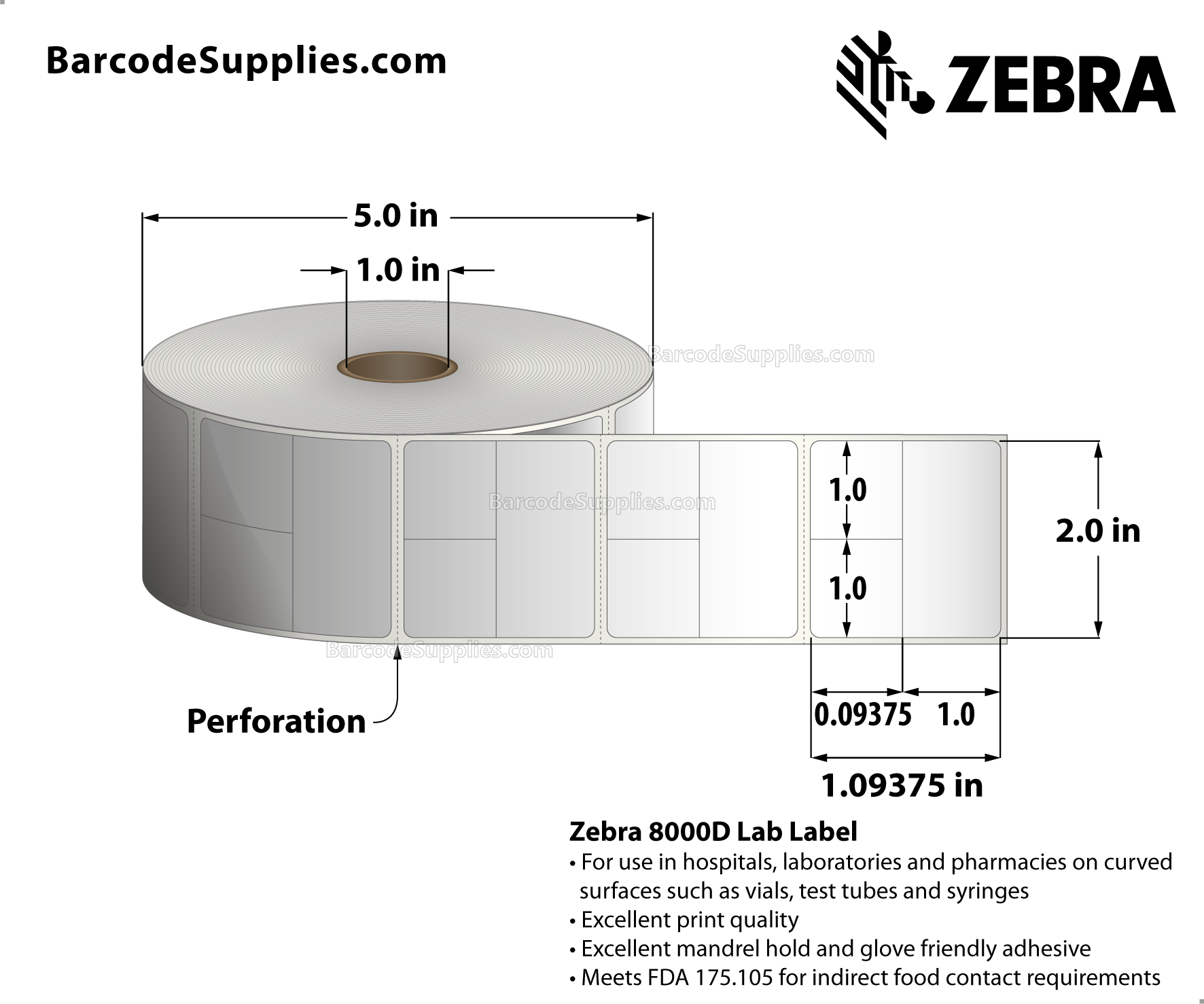 2 x 1.9375 Direct Thermal White 8000D Lab Labels With Permanent Adhesive - Slits through facestock create three labels: (2) 1x0.9375 labels and (2) 2x1 labels - Perforated - 1000 Labels Per Roll - Carton Of 6 Rolls - 6000 Labels Total - MPN: 10025482