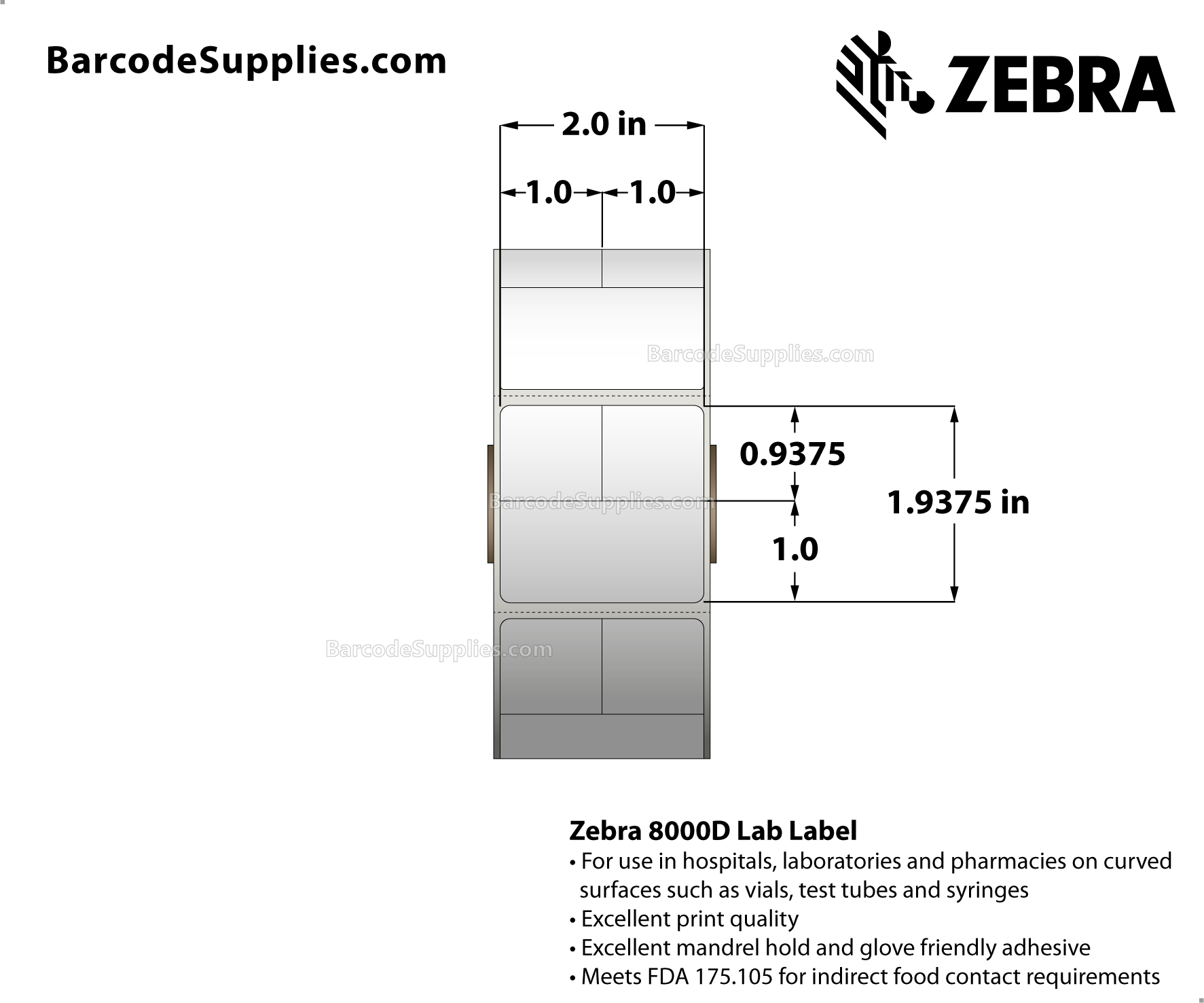 2 x 1.9375 Direct Thermal White 8000D Lab Labels With Permanent Adhesive - Slits through facestock create three labels: (2) 1x0.9375 labels and (2) 2x1 labels - Perforated - 1000 Labels Per Roll - Carton Of 6 Rolls - 6000 Labels Total - MPN: 10025482
