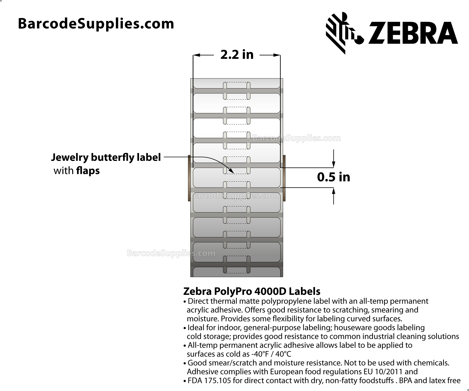 2.2 x 0.5 Direct Thermal White PolyPro 4000D (Jewelry Butterfly Label with flaps) Labels With All-Temp Adhesive - Not Perforated - 4400 Labels Per Roll - Carton Of 6 Rolls - 26400 Labels Total - MPN: 10010062