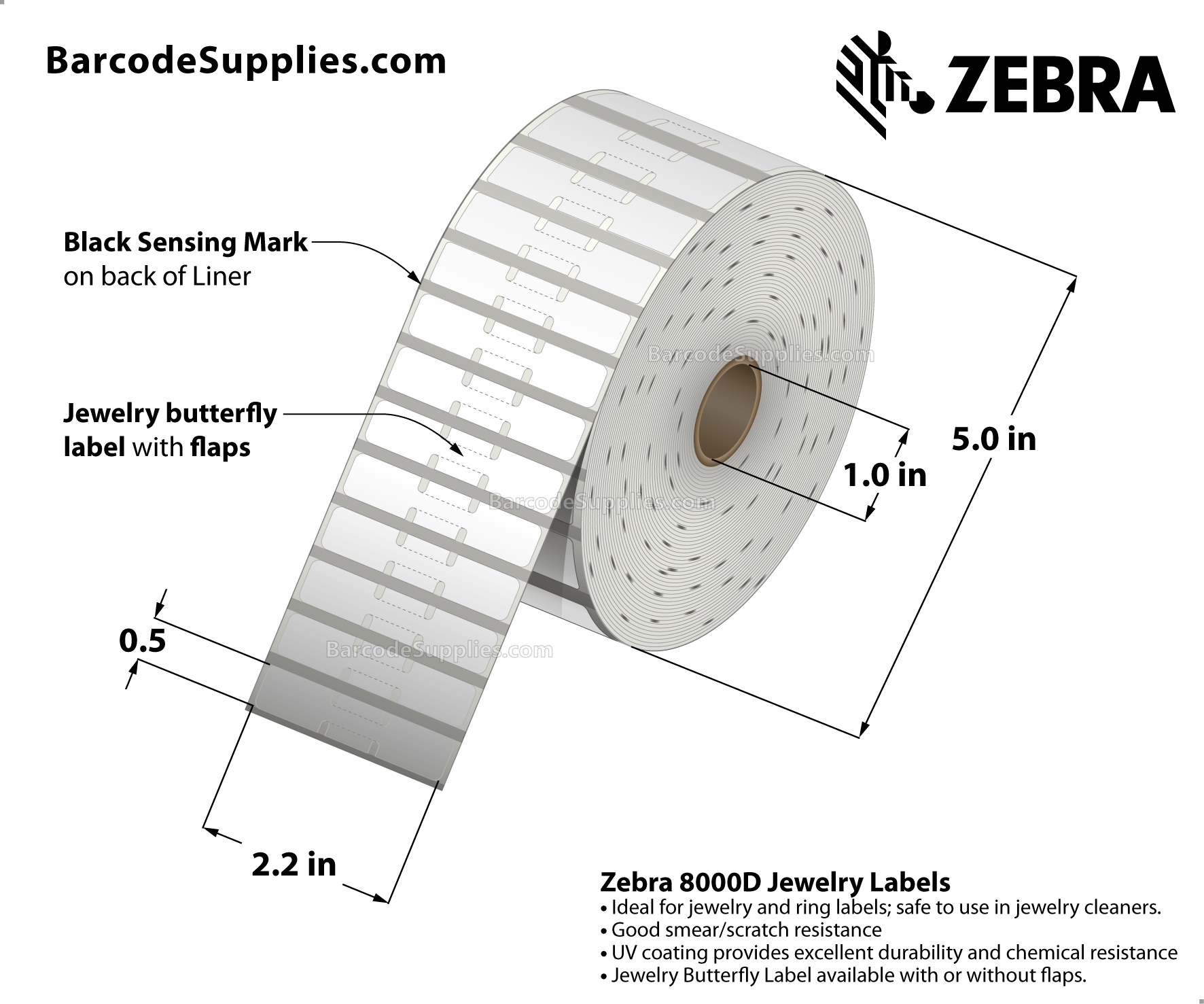 Zebra 2.20 x 0.50 Direct Thermal Labels - 8000D Jewelry (Jewelry Butterfly  Label w/o flaps) - 1 Core Rolls - 21060 Labels