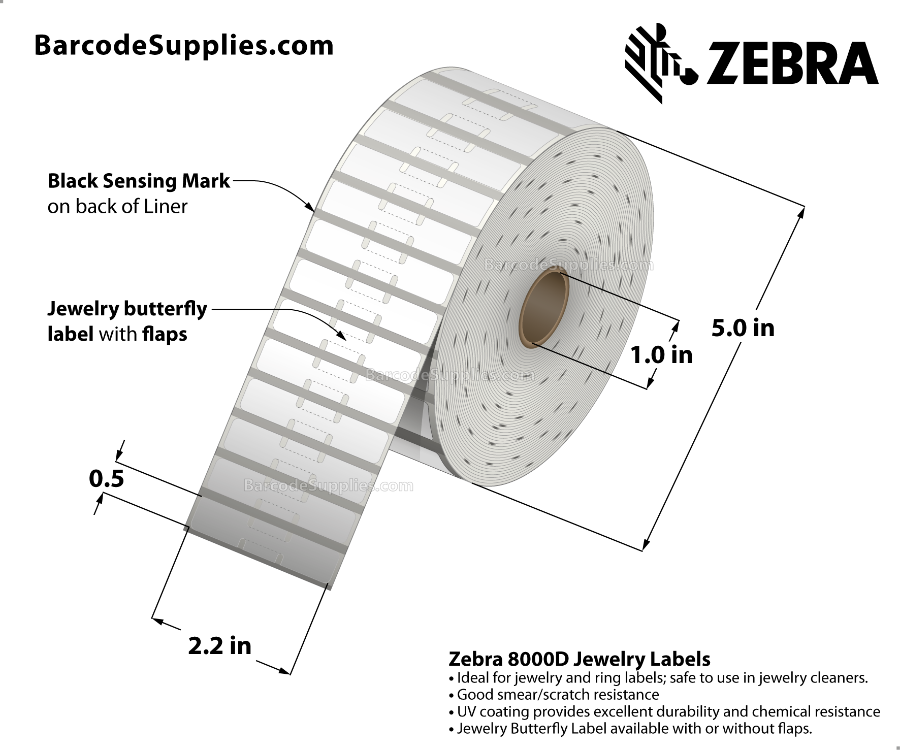 2.2 x 0.5 Direct Thermal White 8000D Jewelry (Jewelry Butterfly Label with flaps) Labels With Permanent Adhesive - Black mark sensing - Not Perforated - 3510 Labels Per Roll - Carton Of 6 Rolls - 21060 Labels Total - MPN: 10010065