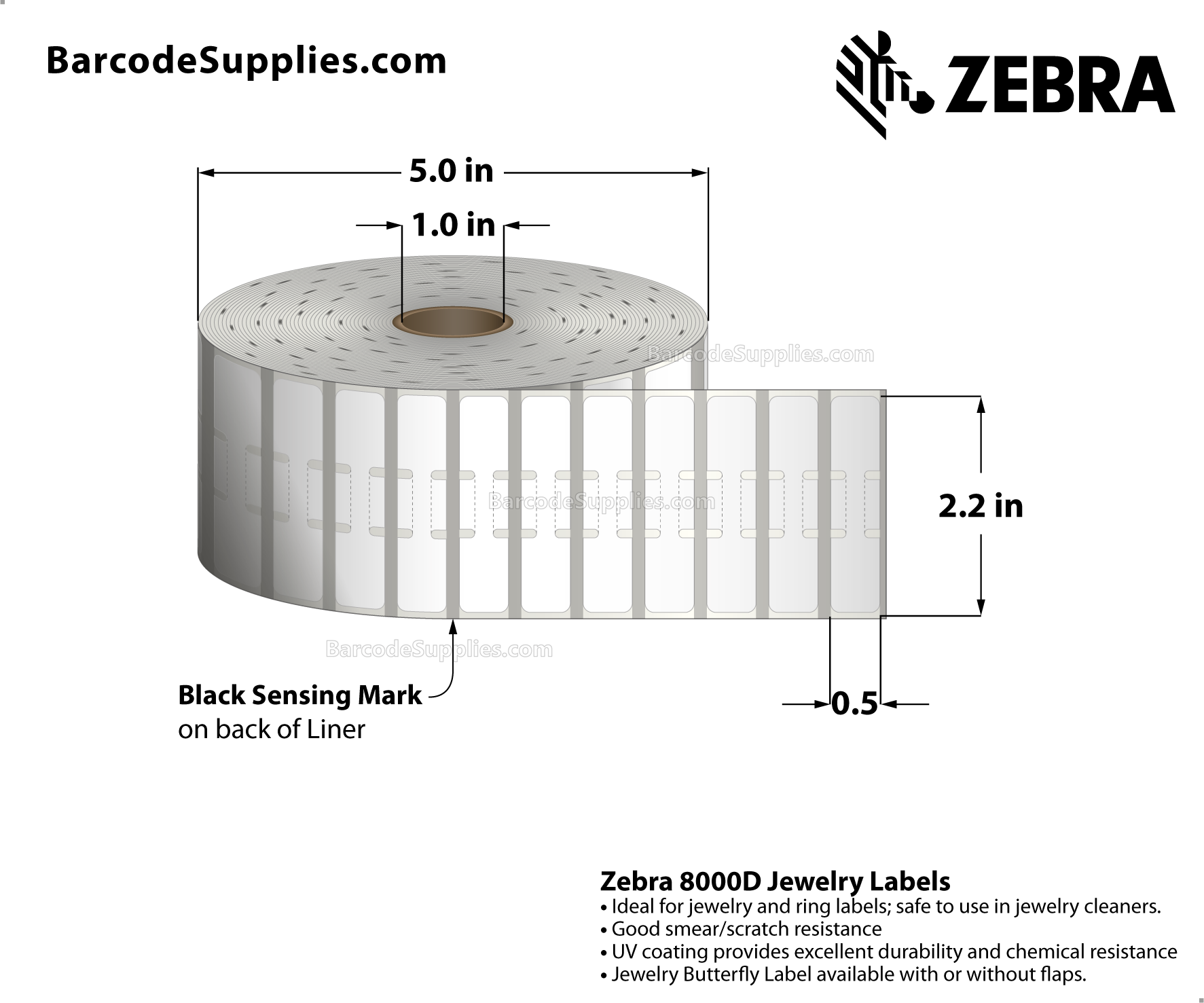 2.2 x 0.5 Direct Thermal White 8000D Jewelry (Jewelry Butterfly Label with flaps) Labels With Permanent Adhesive - Black mark sensing - Not Perforated - 3510 Labels Per Roll - Carton Of 6 Rolls - 21060 Labels Total - MPN: 10010065