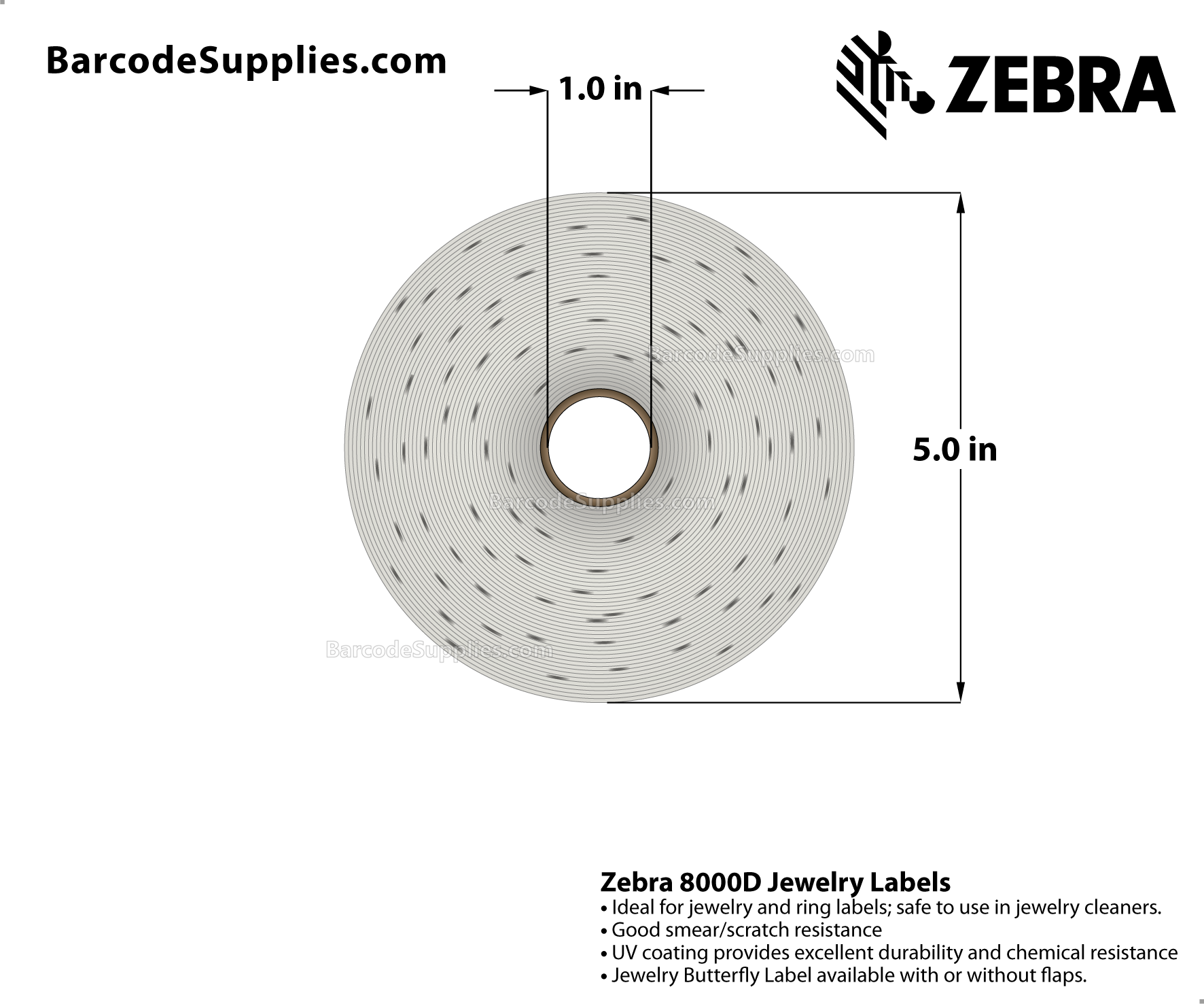 2.2 x 0.5 Direct Thermal White 8000D Jewelry (Jewelry Butterfly Label with flaps) Labels With Permanent Adhesive - Black mark sensing - Not Perforated - 3510 Labels Per Roll - Carton Of 6 Rolls - 21060 Labels Total - MPN: 10010065