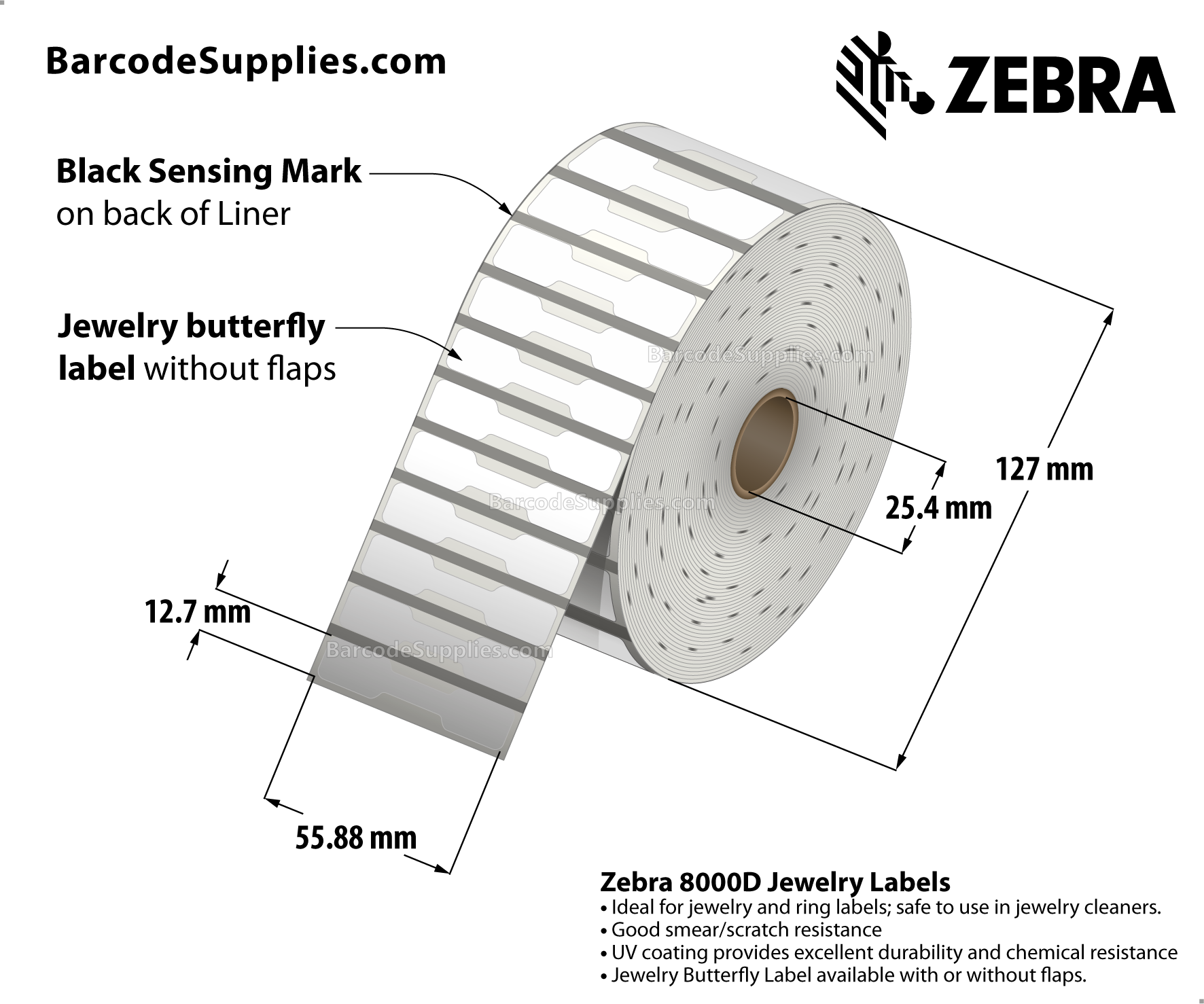2.2 x 0.5 Direct Thermal White 8000D Jewelry (Jewelry Butterfly Label w/o flaps) Labels With Permanent Adhesive - Black mark sensing - Not Perforated - 3510 Labels Per Roll - Carton Of 6 Rolls - 21060 Labels Total - MPN: 10010064