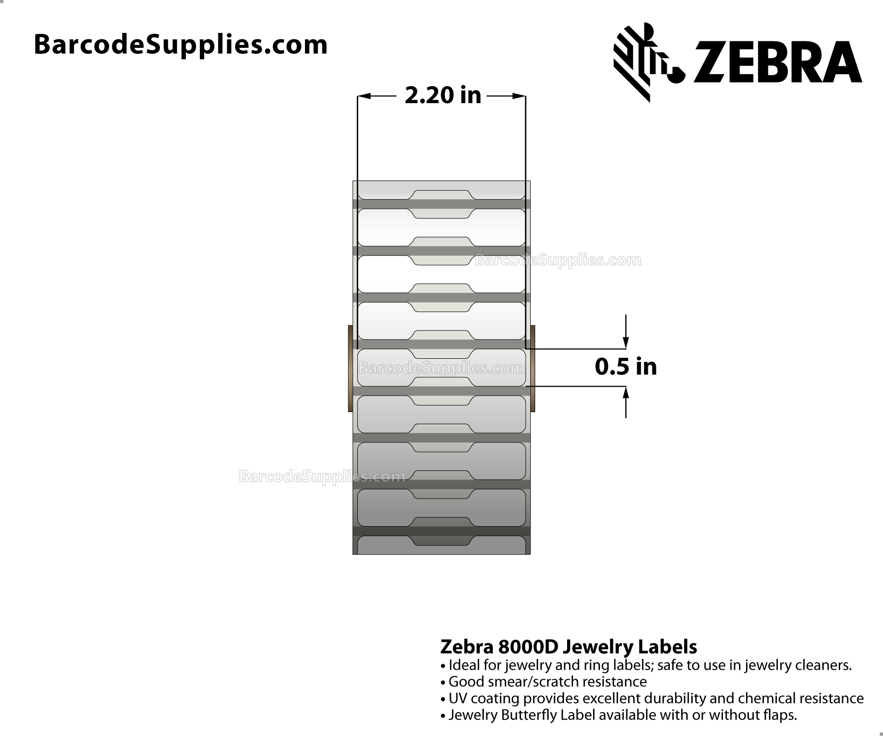 2.2 x 0.5 Direct Thermal White 8000D Jewelry (Jewelry Butterfly Label w/o flaps) Labels With Permanent Adhesive - Black mark sensing - Not Perforated - 3510 Labels Per Roll - Carton Of 6 Rolls - 21060 Labels Total - MPN: 10010064