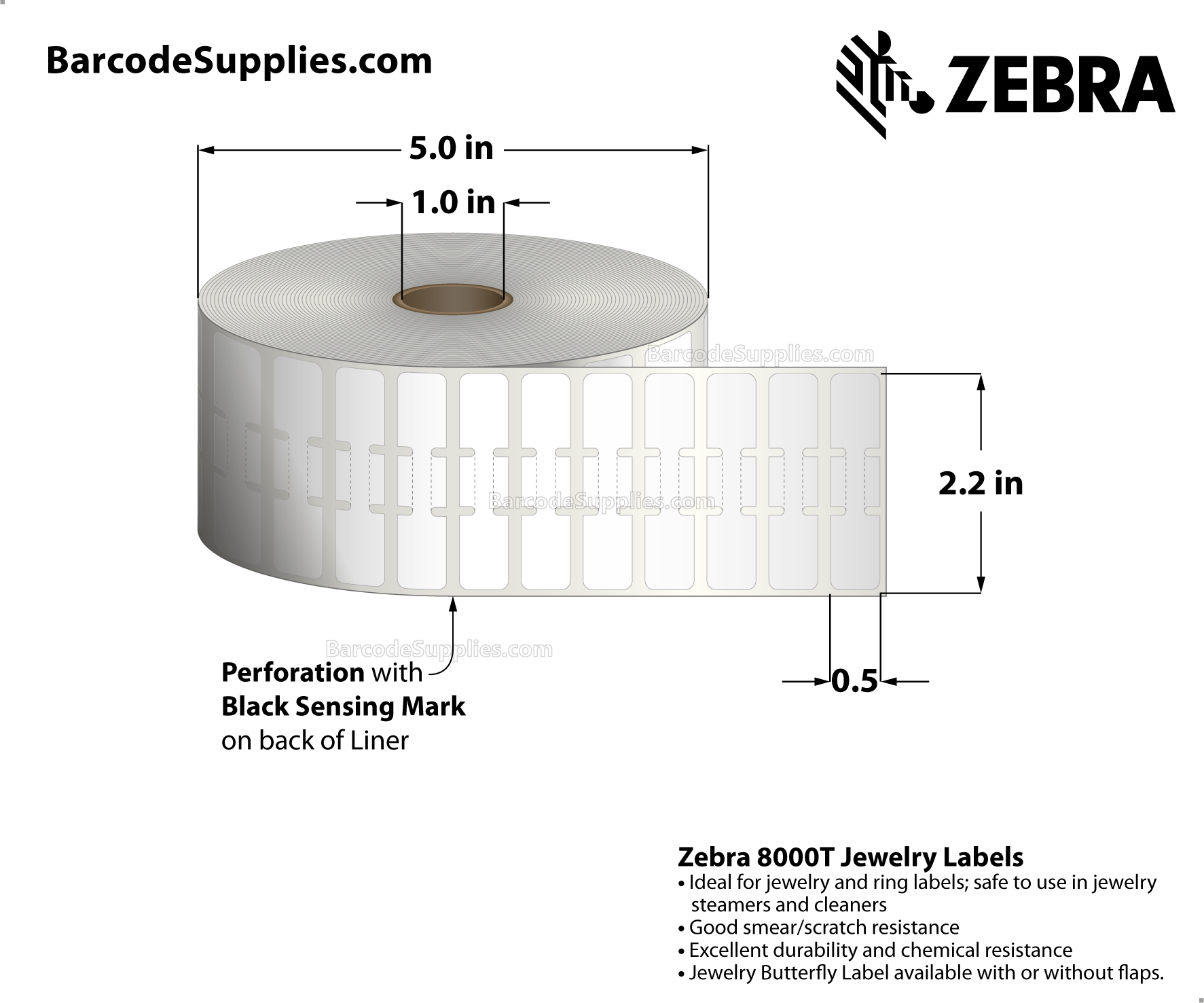 2.2 x 0.5 Thermal Transfer White 8000T Jewelry (Jewelry Butterfly Label with flaps) Labels With Permanent Adhesive - Not Perforated - 3510 Labels Per Roll - Carton Of 6 Rolls - 21060 Labels Total - MPN: 10010067