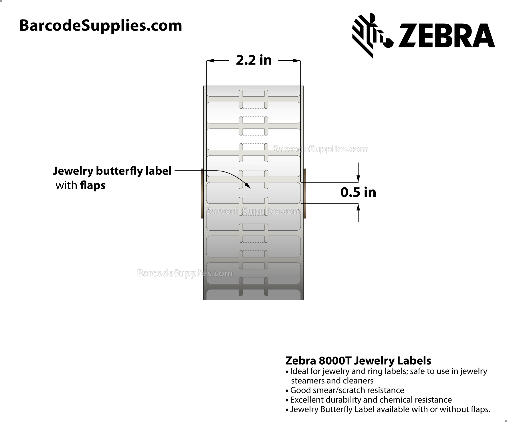 2.2 x 0.5 Thermal Transfer White 8000T Jewelry (Jewelry Butterfly Label with flaps) Labels With Permanent Adhesive - Not Perforated - 3510 Labels Per Roll - Carton Of 6 Rolls - 21060 Labels Total - MPN: 10010067