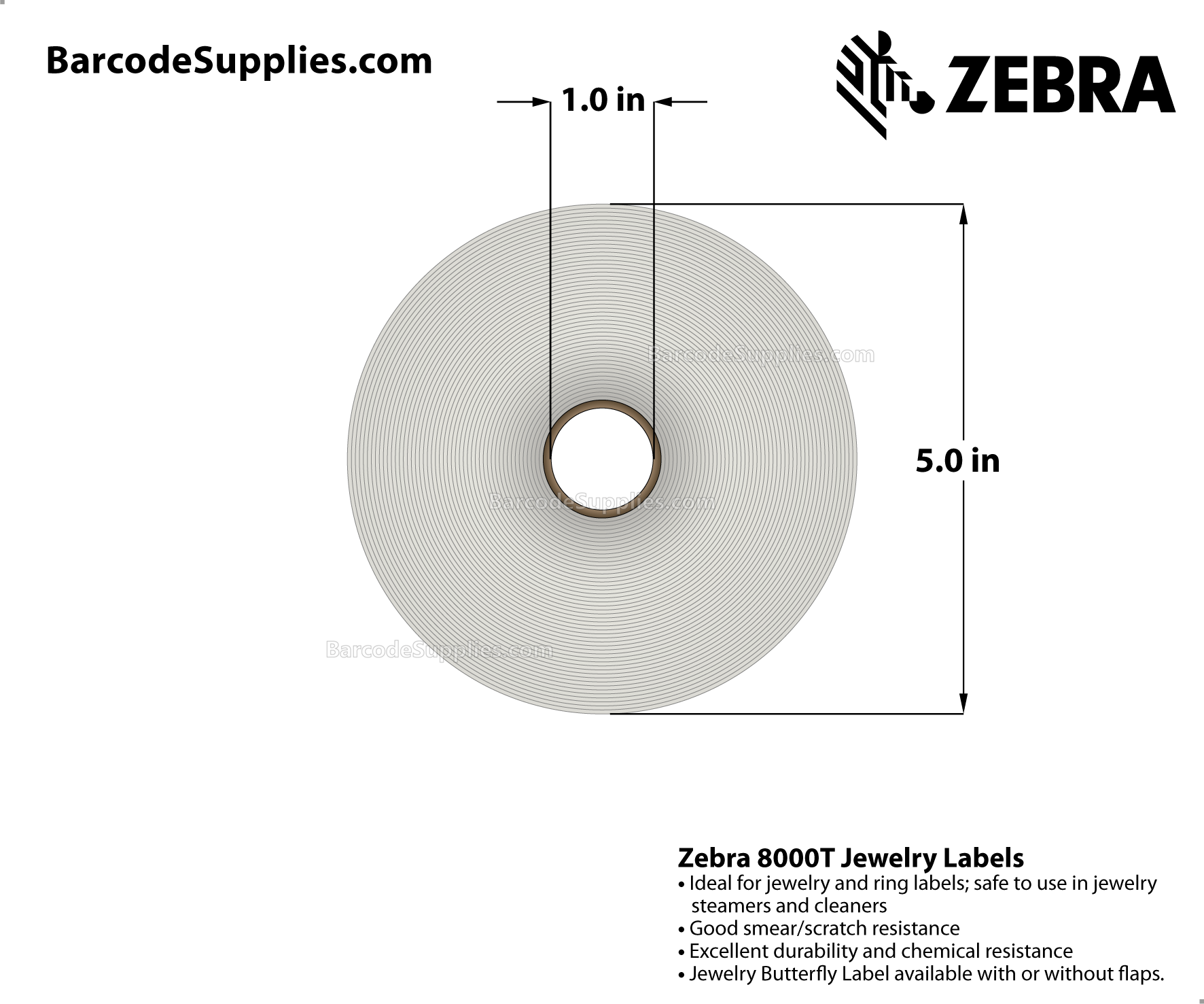 2.2 x 0.5 Thermal Transfer White 8000T Jewelry (Jewelry Butterfly Label with flaps) Labels With Permanent Adhesive - Not Perforated - 3510 Labels Per Roll - Carton Of 6 Rolls - 21060 Labels Total - MPN: 10010067