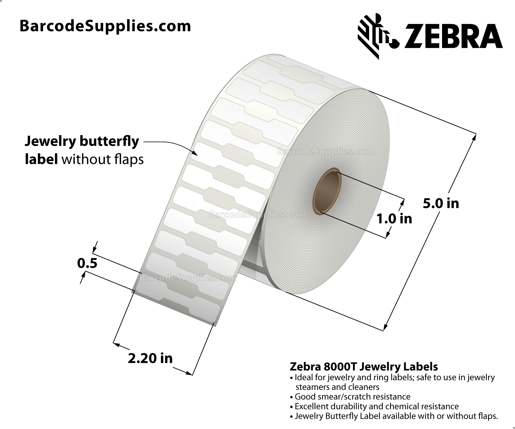 Zebra 2.20 x 0.50 Direct Thermal Labels - 8000D Jewelry (Jewelry Butterfly  Label w/o flaps) - 1 Core Rolls - 21060 Labels