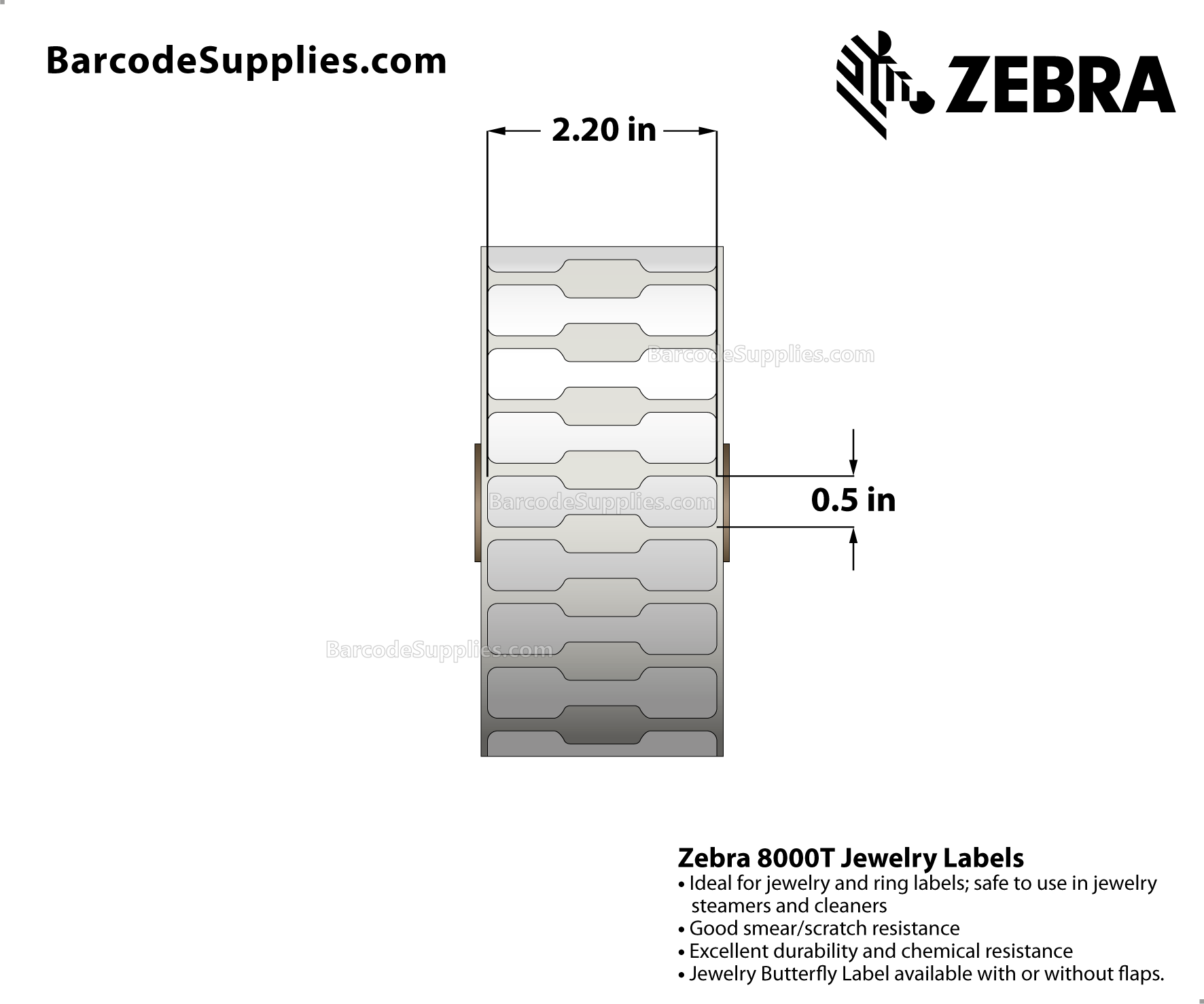 2.2 x 0.5 Thermal Transfer White 8000T Jewelry (Jewelry Butterfly Label w/o flaps) Labels With Permanent Adhesive - Not Perforated - 3510 Labels Per Roll - Carton Of 6 Rolls - 21060 Labels Total - MPN: 10010066