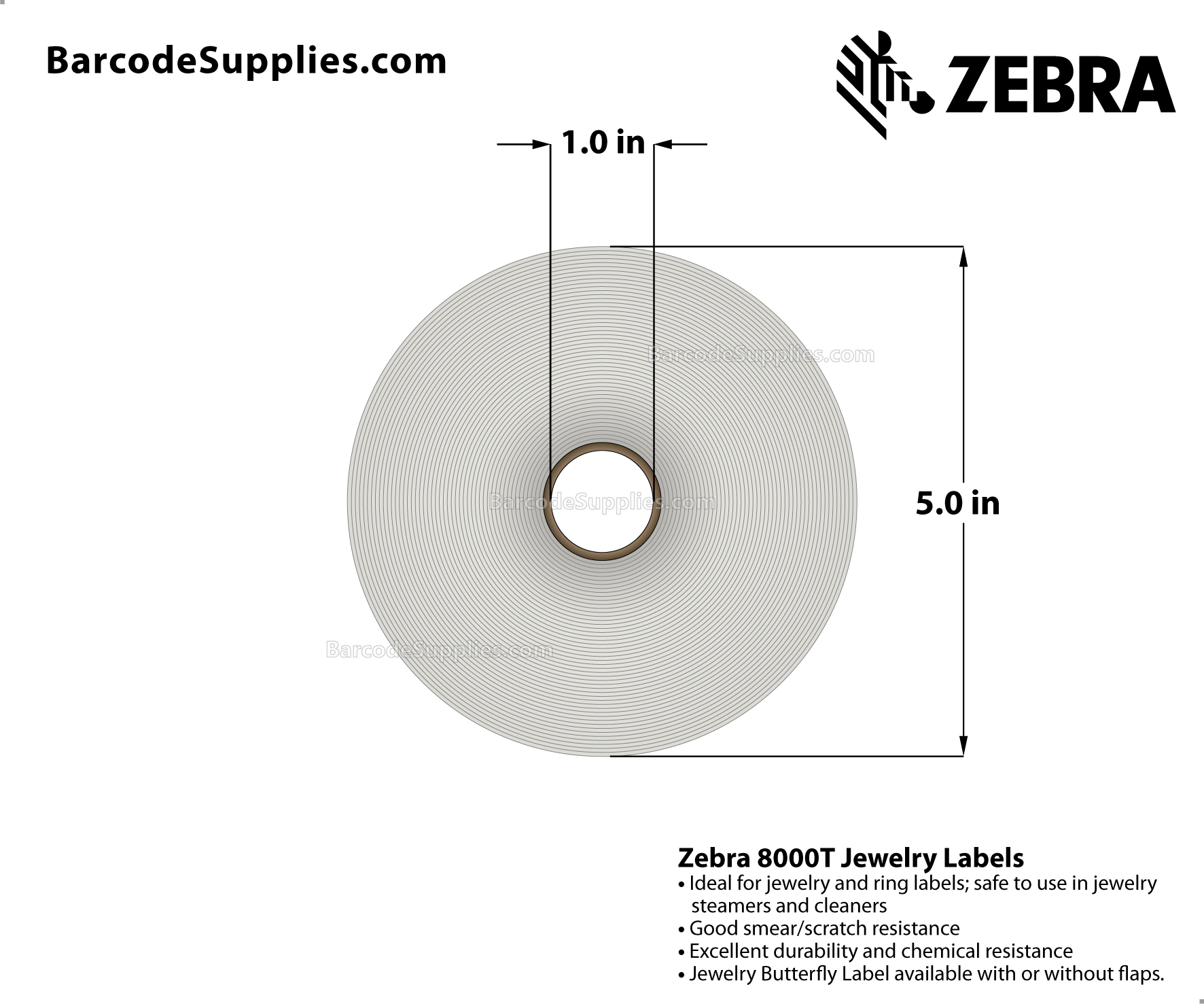 2.2 x 0.5 Thermal Transfer White 8000T Jewelry (Jewelry Butterfly Label w/o flaps) Labels With Permanent Adhesive - Not Perforated - 3510 Labels Per Roll - Carton Of 6 Rolls - 21060 Labels Total - MPN: 10010066