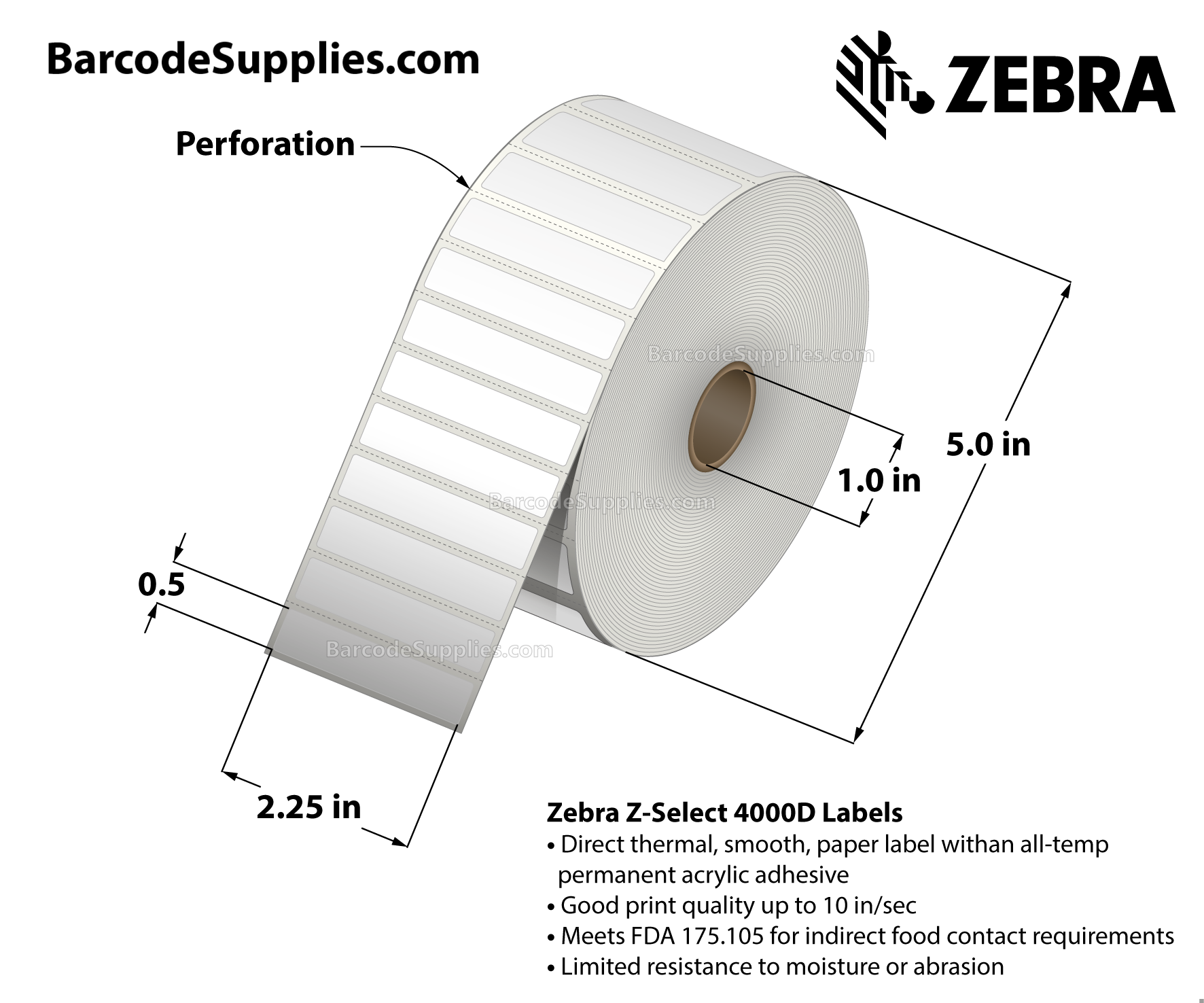 2.25 x 0.5 Direct Thermal White Z-Select 4000D Labels With All-Temp Adhesive - Perforated - 4200 Labels Per Roll - Carton Of 4 Rolls - 16800 Labels Total - MPN: 10010040