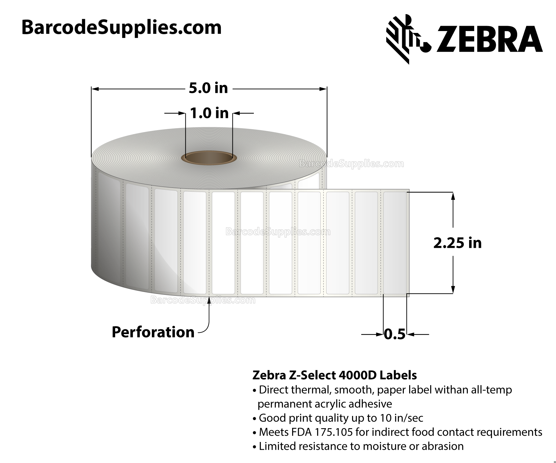2.25 x 0.5 Direct Thermal White Z-Select 4000D Labels With All-Temp Adhesive - Perforated - 4200 Labels Per Roll - Carton Of 4 Rolls - 16800 Labels Total - MPN: 10010040