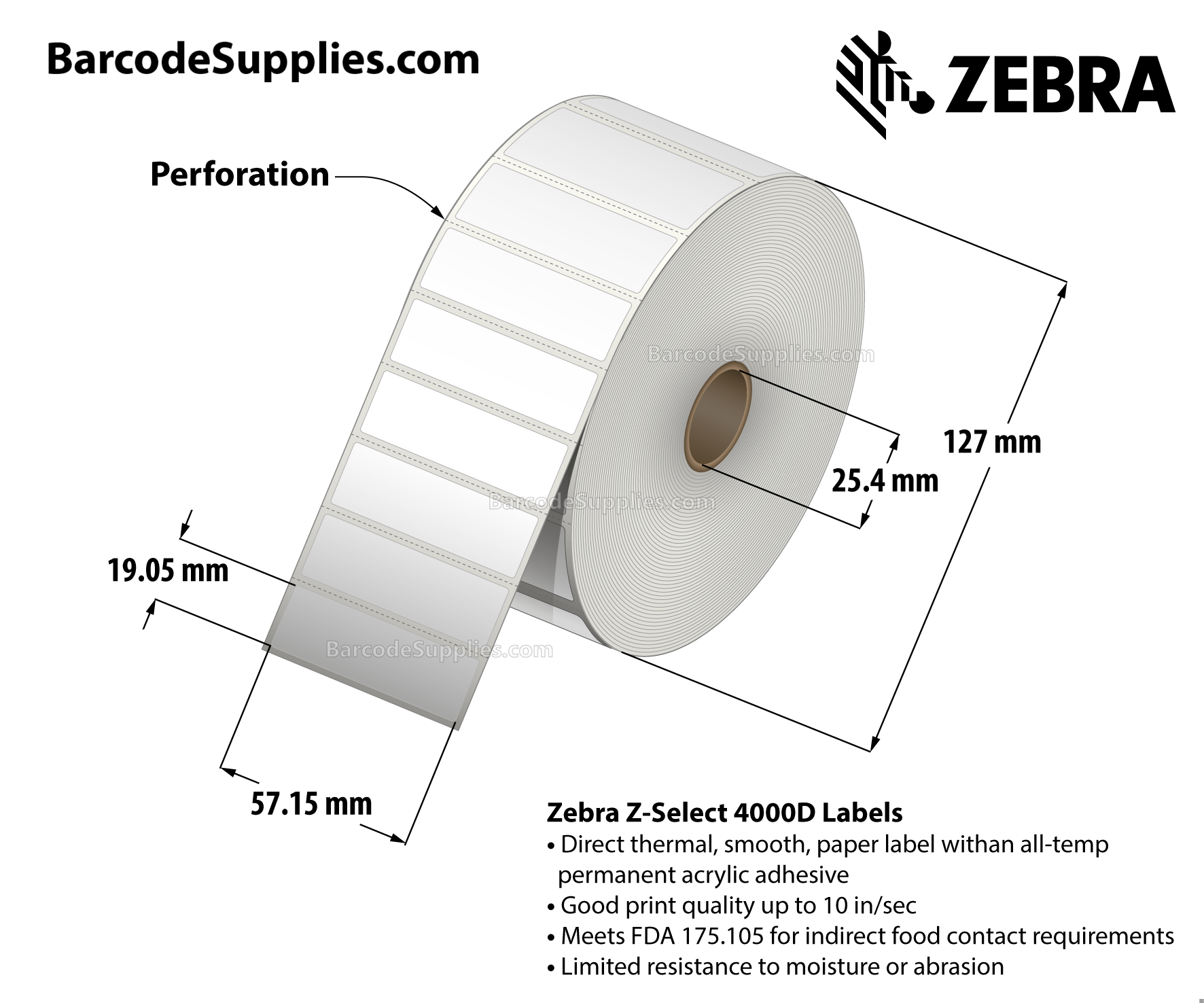 2.25 x 0.75 Direct Thermal White Z-Select 4000D Labels With Permanent Adhesive - Perforated - 3315 Labels Per Roll - Carton Of 12 Rolls - 39780 Labels Total - MPN: 10015340