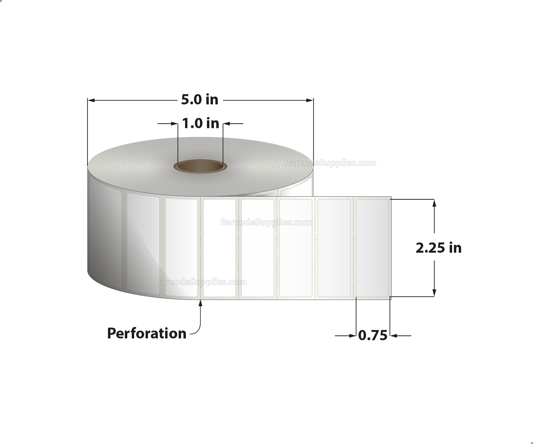 2.25 x 0.75 Thermal Transfer White Labels With Permanent Acrylic Adhesive - Perforated - 3000 Labels Per Roll - Carton Of 4 Rolls - 12000 Labels Total - MPN: TH22575-15PTT