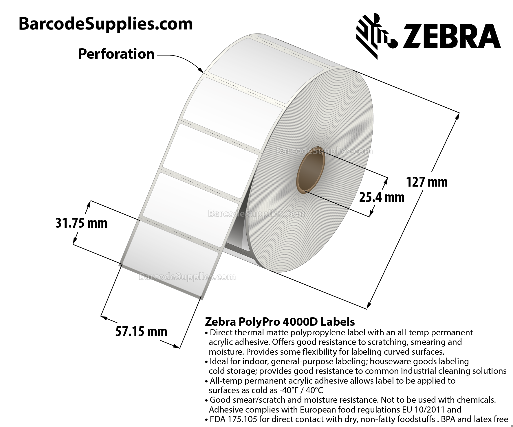 2.25 x 1.25 Direct Thermal White PolyPro 4000D Labels With All-Temp Adhesive - Perforated - 2000 Labels Per Roll - Carton Of 6 Rolls - 12000 Labels Total - MPN: 10010063