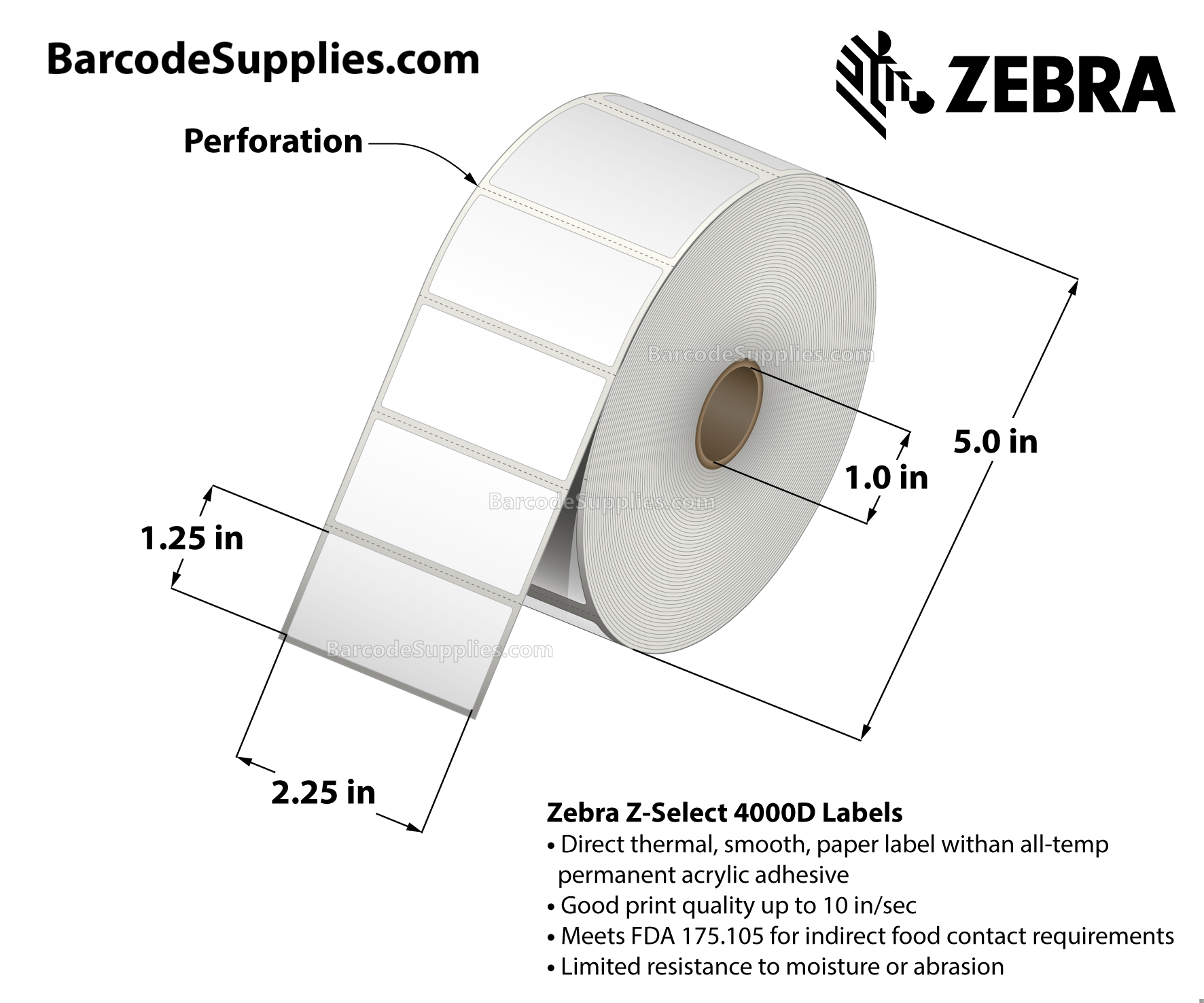 2.25 x 1.25 Direct Thermal White Z-Select 4000D Labels With Permanent Adhesive - Perforated - 2100 Labels Per Roll - Carton Of 12 Rolls - 25200 Labels Total - MPN: 10015341
