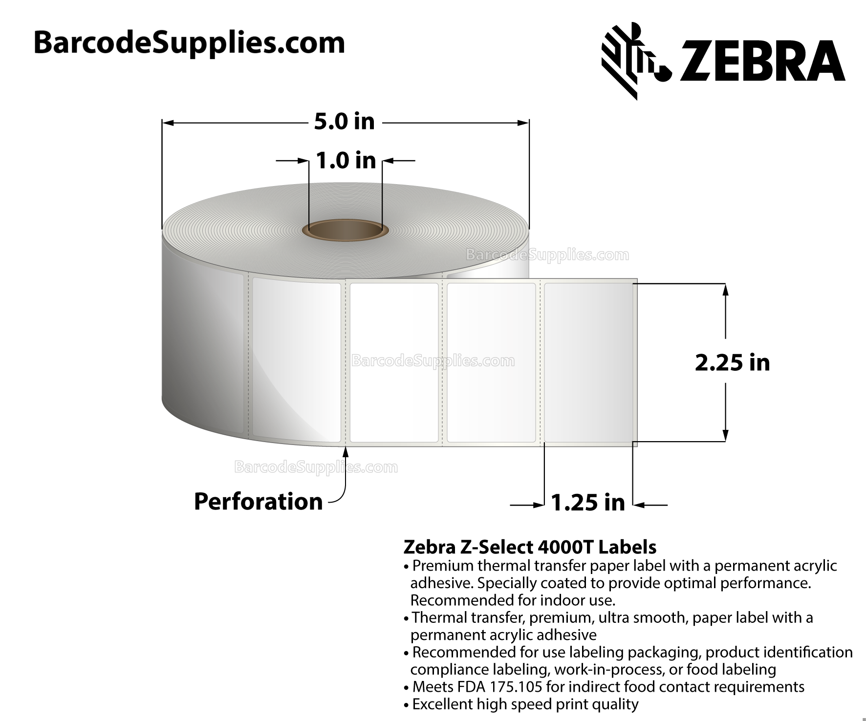 2.25 x 1.25 Thermal Transfer White Z-Select 4000T Labels With Permanent Adhesive - Perforated - 2100 Labels Per Roll - Carton Of 12 Rolls - 25200 Labels Total - MPN: 800272-125