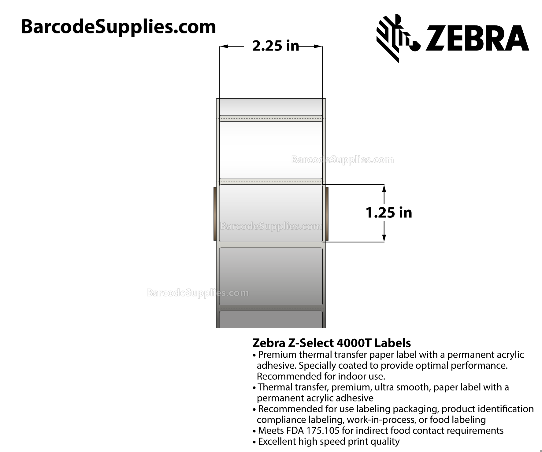 2.25 x 1.25 Thermal Transfer White Z-Select 4000T Labels With Permanent Adhesive - Perforated - 2100 Labels Per Roll - Carton Of 12 Rolls - 25200 Labels Total - MPN: 800272-125
