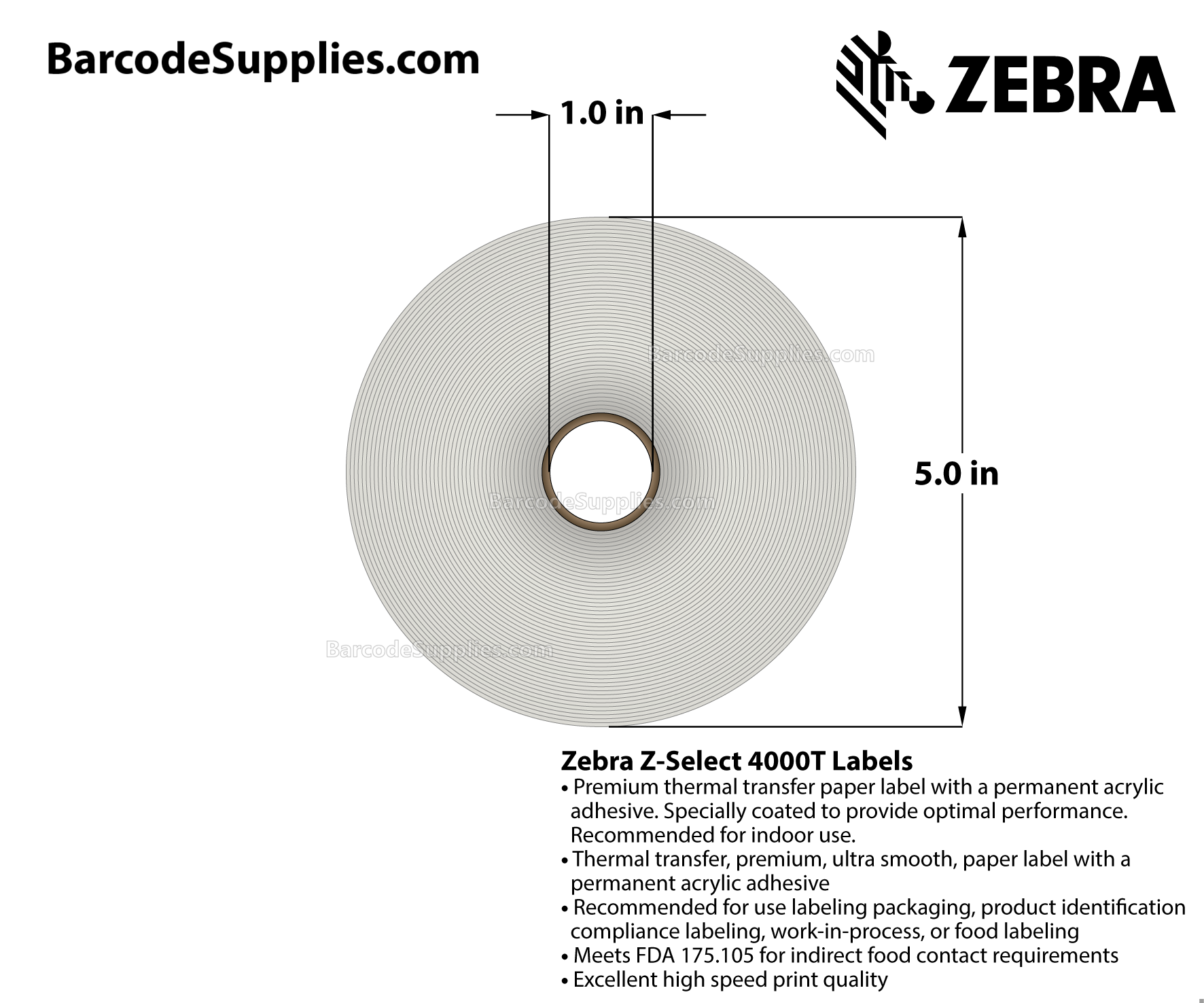 2.25 x 1.25 Thermal Transfer White Z-Select 4000T Labels With Permanent Adhesive - Perforated - 2100 Labels Per Roll - Carton Of 12 Rolls - 25200 Labels Total - MPN: 800272-125