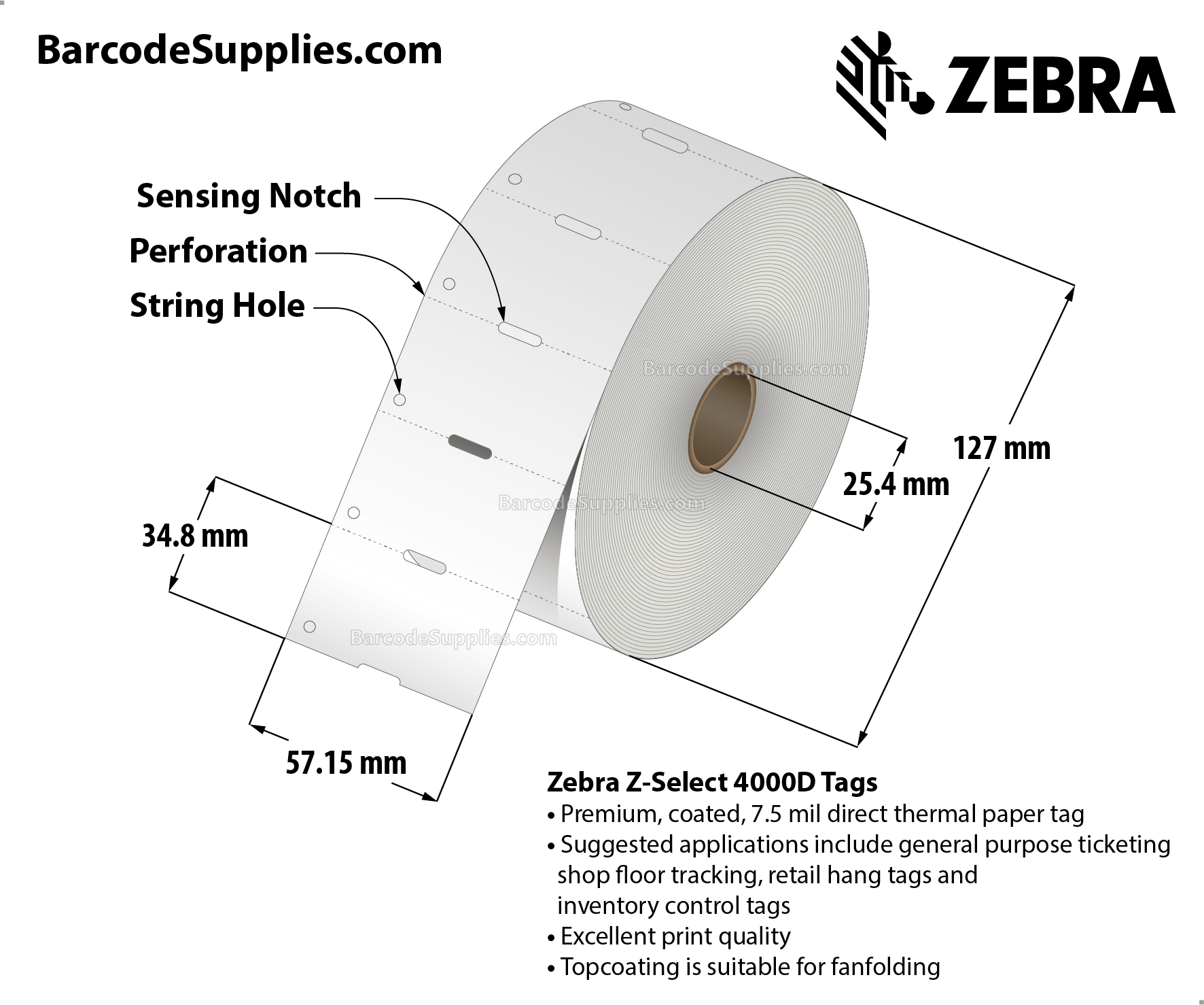 2.25 x 1.37 Direct Thermal White Z-Select 4000D 7 mil Tag Tags With No Adhesive - Contains sensing notch and stringhole - Perforated - 1600 Tags Per Roll - Carton Of 6 Rolls - 9600 Tags Total - MPN: 10010054