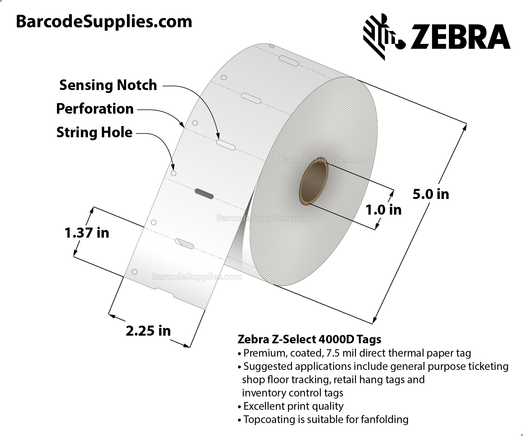 Zebra 2.25 x 1.37 Direct Thermal Labels - Z-Select 4000D 7 mil Tag - 1