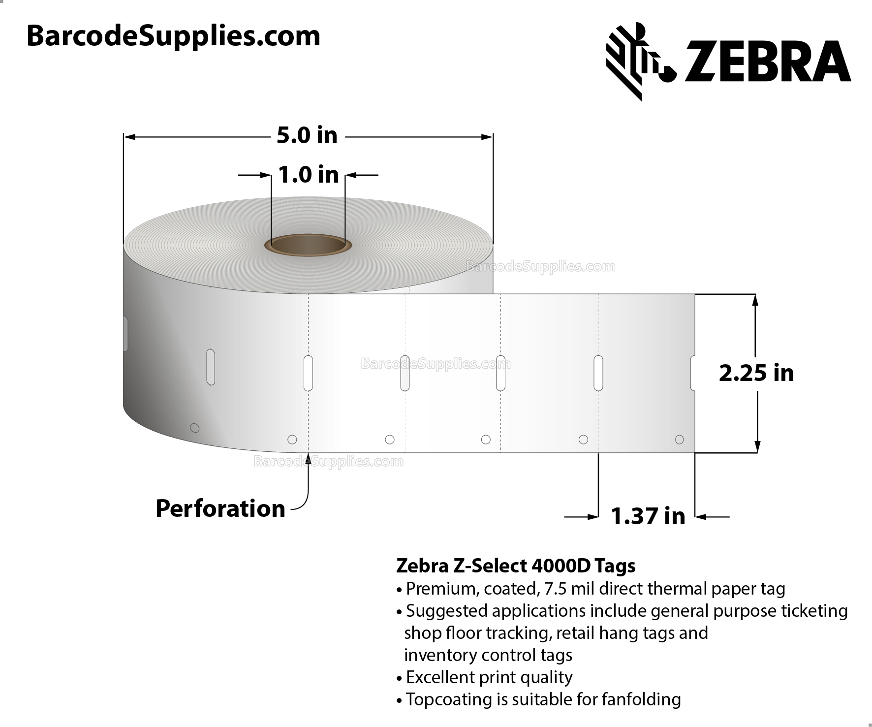 2.25 x 1.37 Direct Thermal White Z-Select 4000D 7 mil Tag Tags With No Adhesive - Contains sensing notch and stringhole - Perforated - 1600 Tags Per Roll - Carton Of 6 Rolls - 9600 Tags Total - MPN: 10010054
